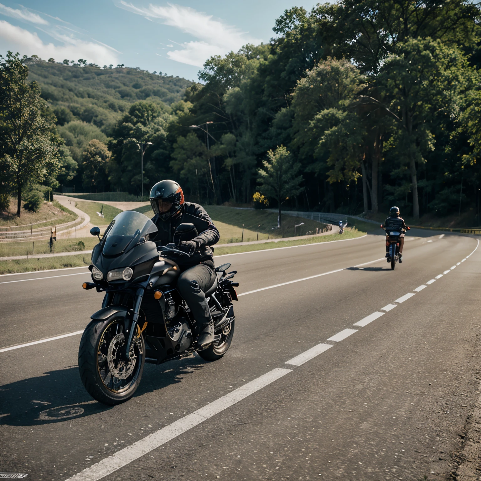 2 people using motorcycle was chasing by 2 human running