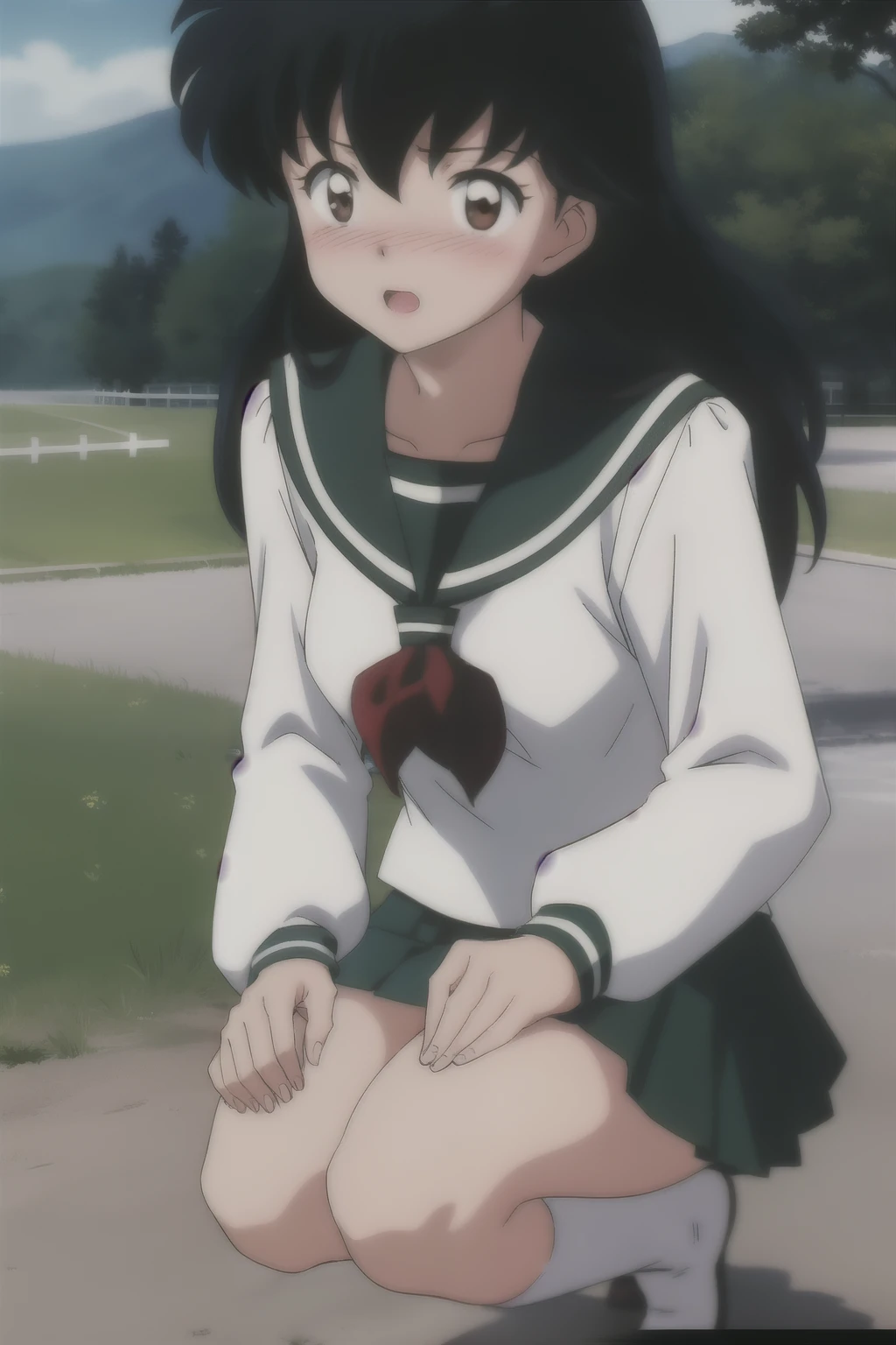 kagome, 1girl,  school_uniform, skirt, white_socks, white_pants, blush