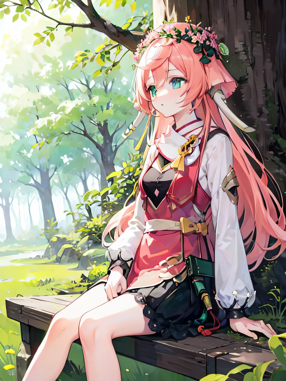 Sitting under a big tree in the forest，Read the book seriously，Long hair is blown by the breeze，dandelion，emerald green eyes，pink hair