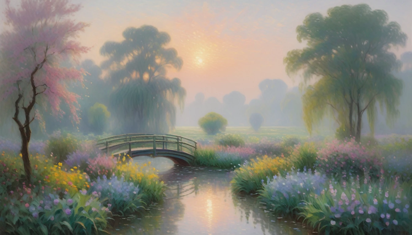 Render an Impressionistic landscape capturing the ethereal beauty of daybreak in a lush spring garden. Take inspiration from Monet's famous paintings of his flower-filled grove in Giverny. The foreground should feature verdant leaves and delicate blossoms heavily laden with glistening dew drops that seem to tremble in the soft morning light. Use thick, visible brushstrokes of varied greens, pinks, lavenders, and opalescent whites to depict the water droplets reflecting and refracting the dawn's gentle glow across the dewy foliage. The background can show the hazy outlines of trees, trellises, and Monet's trademark arched footbridges fading into the enveloping mist. The overall scene should evoke a sense of freshness, renewal, and the ephemeral magic of those first few tranquil moments after sunrise in a blooming garden. Capture nature's delicate beauty through Monet's atmospheric Impressionistic palette and techniques.