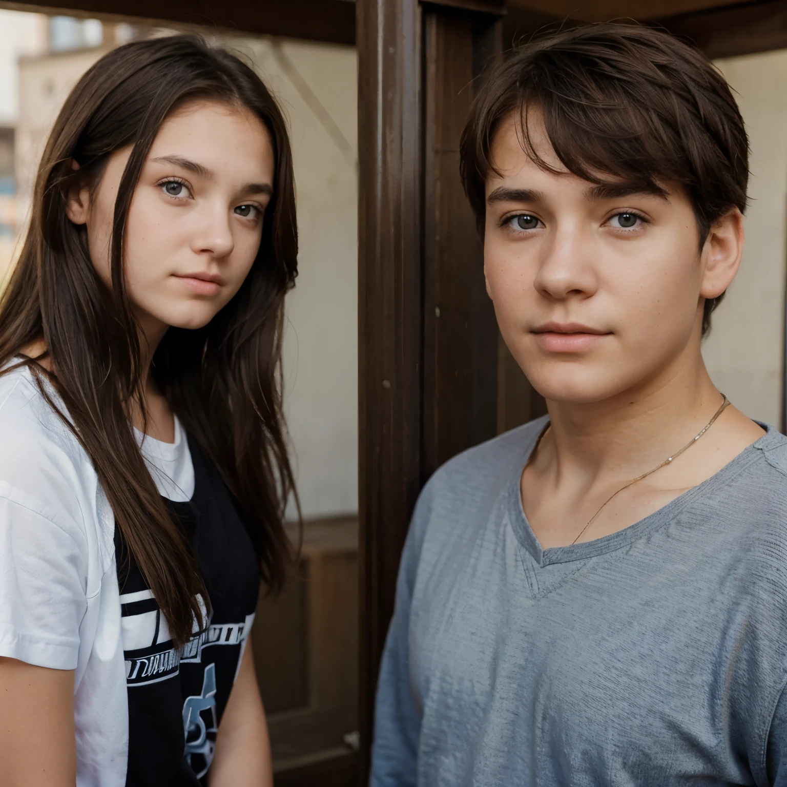 15-year-old girl looking ahead with medium brown hair and hazel eyes and behind her a 47-year-old man with brown hair and black eyes and a 16-year-old boy with black hair and blue eyes