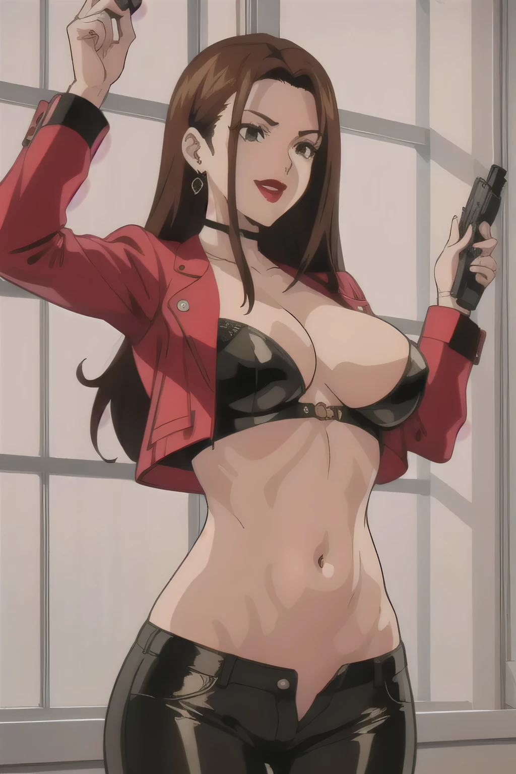 , retro artstyle,
MaiKannazuki, 1girl, mature female, solo, standing,
brown hair, long hair, (single sidelock:1.2), brown eyes, earrings, red lips,
red blazer,
large breasts,
indoors, luxury room, window, mansion, wall,
masterpiece, best quality, highly detailed, a girls with a gun, evil smile , open mouth, sexy gaze, badass
pose , evil smile, smile, (nsfw) not safe for work, guns blazing, anime girl with long hair, beautiful long
haired girl, navel, evil expression, exposed belly, exposed navel, exposed midriff, exposed lower belly,
long black pants, crop top, cleavage, unbuttoned leather pants ,open fly, low rise black leather pants,
leather jacket, holding a gun, outdoor,street,road, lipstick,open arms sideway,
arms T-pose, smirk, standing, anime girl T posing