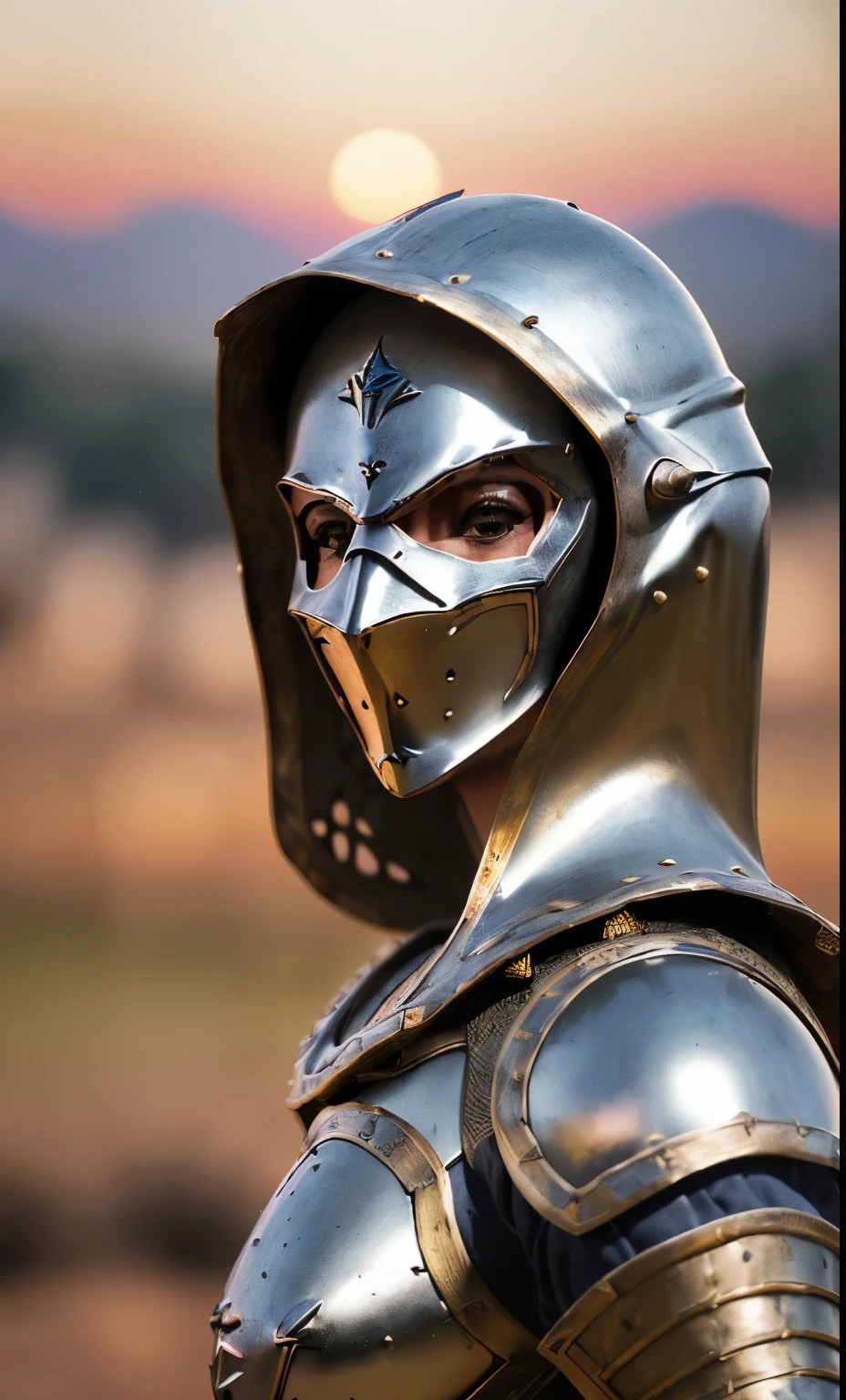 (obra de arte), (extremamente complexo:1.3), (realista), retrato de uma , a mais bonita do mundo, (armadura medieval), metallic reflections, tronco, ao ar livre, luz solar intensa, castelo distante, fotografia profissional de uma mulher deslumbrante detalhada, sharp focus, dramatic, premiado, cinematic lighting, octano render motor irreal, volumetric dtx, (Film grain, fundo desfocado, primeiro plano desfocado, Bokeh, profundidade de campo, Sunset, desfoque de movimento:1.3), cota de malha