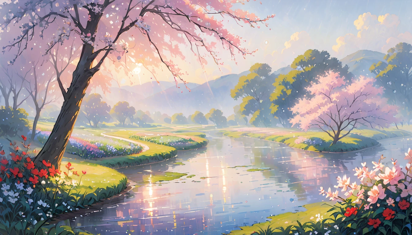Render an Impressionistic landscape capturing the ethereal beauty of daybreak in a lush spring garden. Take inspiration from Monet's famous paintings of his flower-filled grove in Giverny. The foreground should feature verdant leaves and delicate blossoms heavily laden with glistening dew drops that seem to tremble in the soft morning light. Use thick, visible brushstrokes of varied greens, pinks, lavenders, and opalescent whites to depict the water droplets reflecting and refracting the dawn's gentle glow across the dewy foliage. The background can show the hazy outlines of trees, trellises, and Monet's trademark arched footbridges fading into the enveloping mist. The overall scene should evoke a sense of freshness, renewal, and the ephemeral magic of those first few tranquil moments after sunrise in a blooming garden. Capture nature's delicate beauty through Monet's atmospheric Impressionistic palette and techniques.