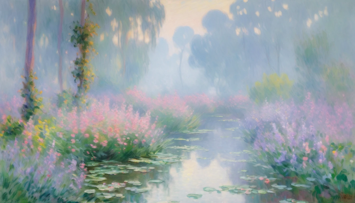 Render an Impressionistic landscape capturing the ethereal beauty of daybreak in a lush spring garden. Take inspiration from Monet's famous paintings of his flower-filled grove in Giverny. The foreground should feature verdant leaves and delicate blossoms heavily laden with glistening dew drops that seem to tremble in the soft morning light. Use thick, visible brushstrokes of varied greens, pinks, lavenders, and opalescent whites to depict the water droplets reflecting and refracting the dawn's gentle glow across the dewy foliage. The background can show the hazy outlines of trees, trellises, and Monet's trademark arched footbridges fading into the enveloping mist. The overall scene should evoke a sense of freshness, renewal, and the ephemeral magic of those first few tranquil moments after sunrise in a blooming garden. Capture nature's delicate beauty through Monet's atmospheric Impressionistic palette and techniques.