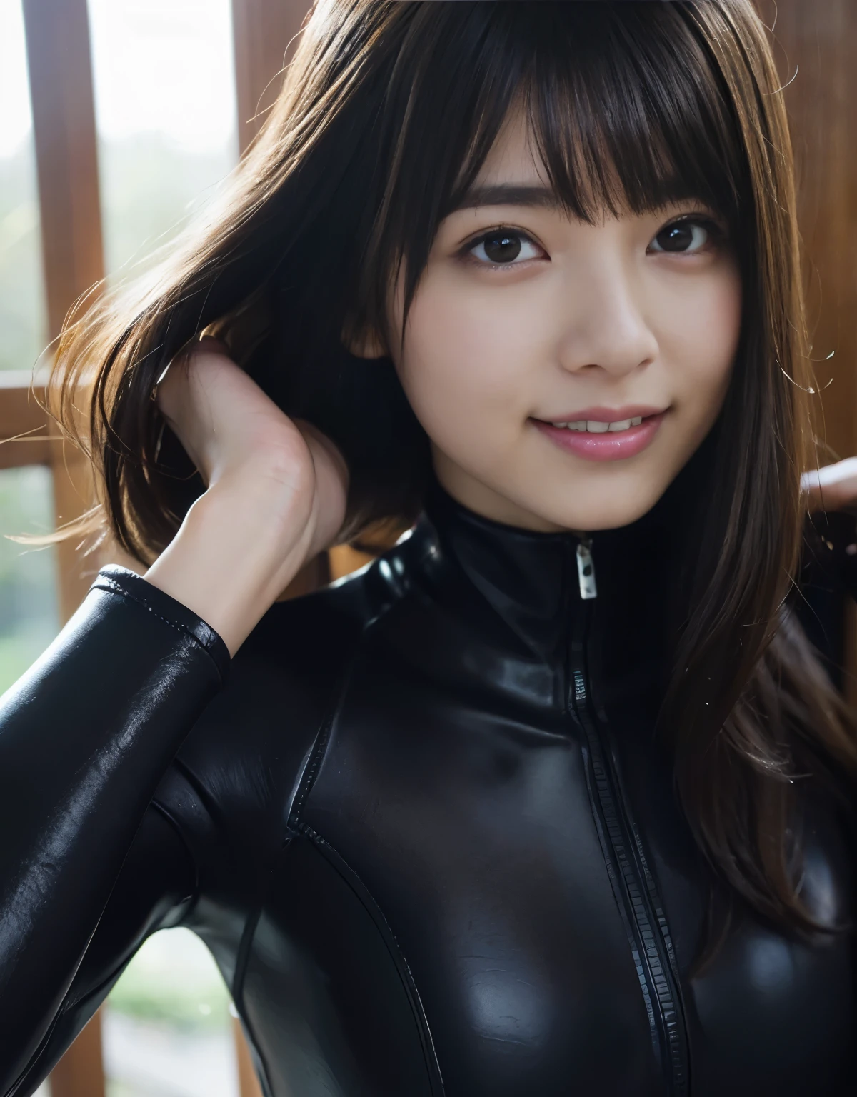 (1 girl)、highest quality、masterpiece、超A high resolution、(Photoreal:1.4)、Raw photo、1 girl、wet hair、hot、Sweat、(Wearing a skin-tight racing suit made of leather)、female rider、long sleeve,、leather racing gloves、Portrait、Shadow、octane rendering、8K、super sharp、Metal、intricate decorative details、Japan details、very intricate details、realistic light、(smile)、shining eyes、towards the camera、Small LED、Close-up