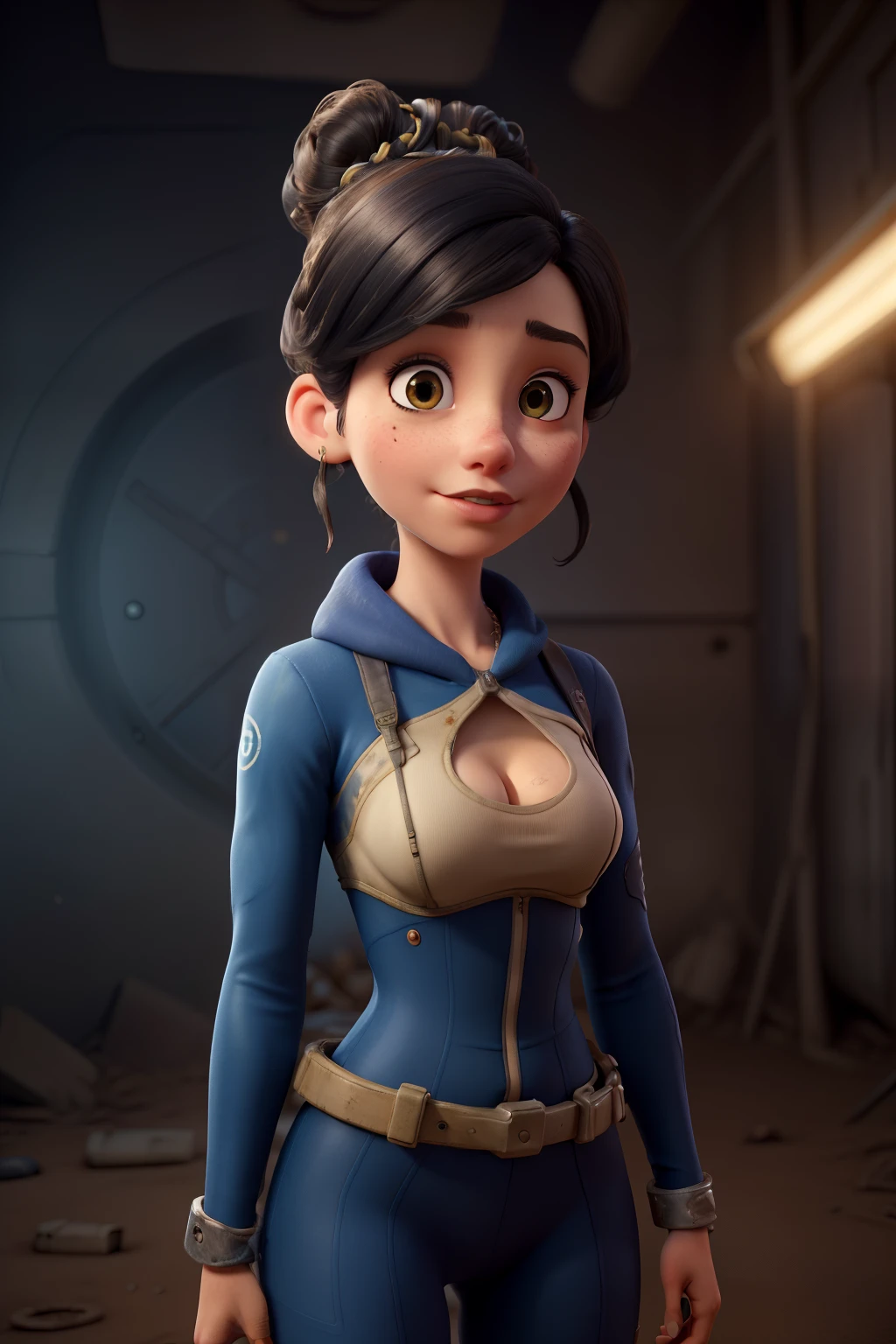 ((Best quality)), ((masterpiece)), (detailed), perfect face, 1girl, black hair bun, blue tight fallout vault suit, sexy body, wasteland background, fallout 4, paolo roversi style, tim walker style, realistic, high quality, professional photography, photo by bella kotak, upper body shot, cinematic lighting, dynamic pose