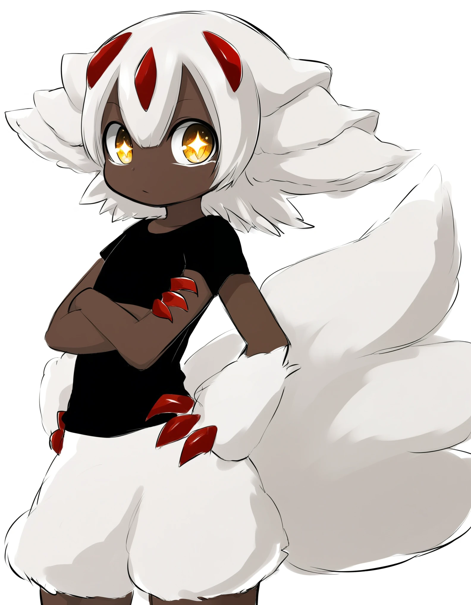 Faputa, 1girl, dark skin, dark-skinned girl, white hair, short hair, 4arms, red claws, multiple tails, yellow eyes, white fur, animal ears, ((black shirt)), crossed arms, hands on hips, standing, bottomless, sparkling eyes, white background, sketch