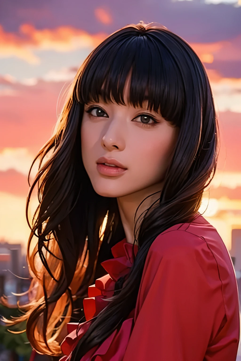 portrait of 1girl, looking at the audience, red blouse, sunset