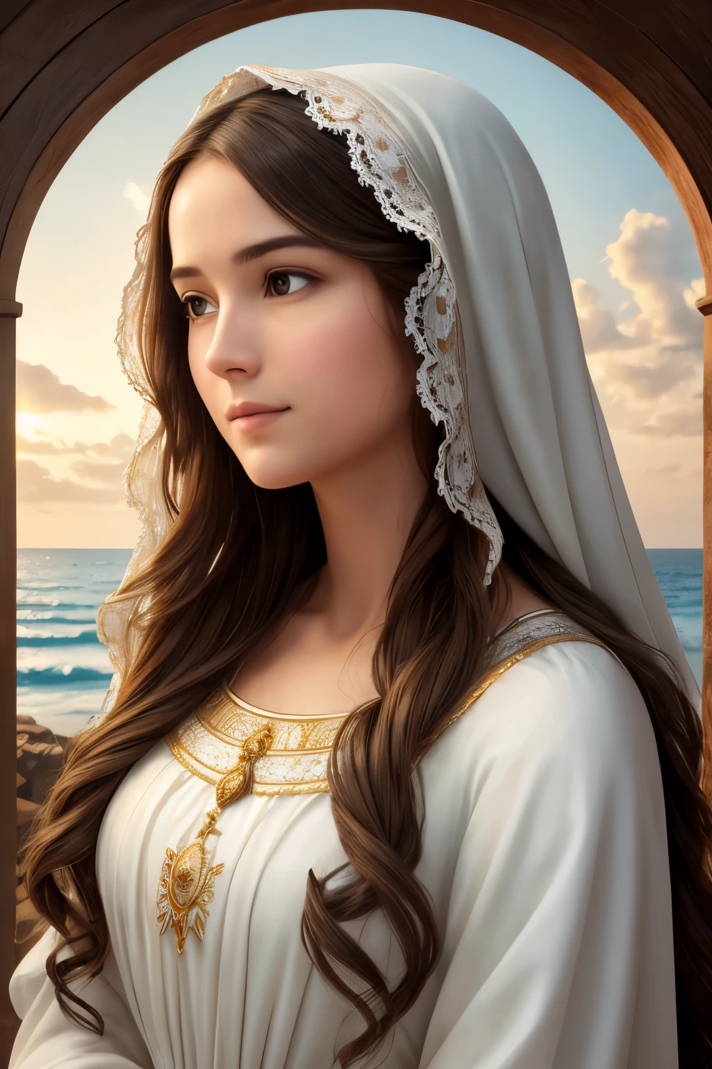 (masterpiece), ((best quality:1.1)), (ultra-detailed:1.3),
A breathtaking depiction of the Blessed Virgin Mary,
((realistic:1.5)),
Clad in pristine white and light blue garments,
(-),
Her long, flowing, wavy hair cascades around her shoulders,
((natural lighting:1.2)),
Suspended against the backdrop of a sky adorned with fluffy clouds,
A gentle, ethereal glow emanates from her,
((flash:1.15, subtle)),
Illuminating her sublime facial features,