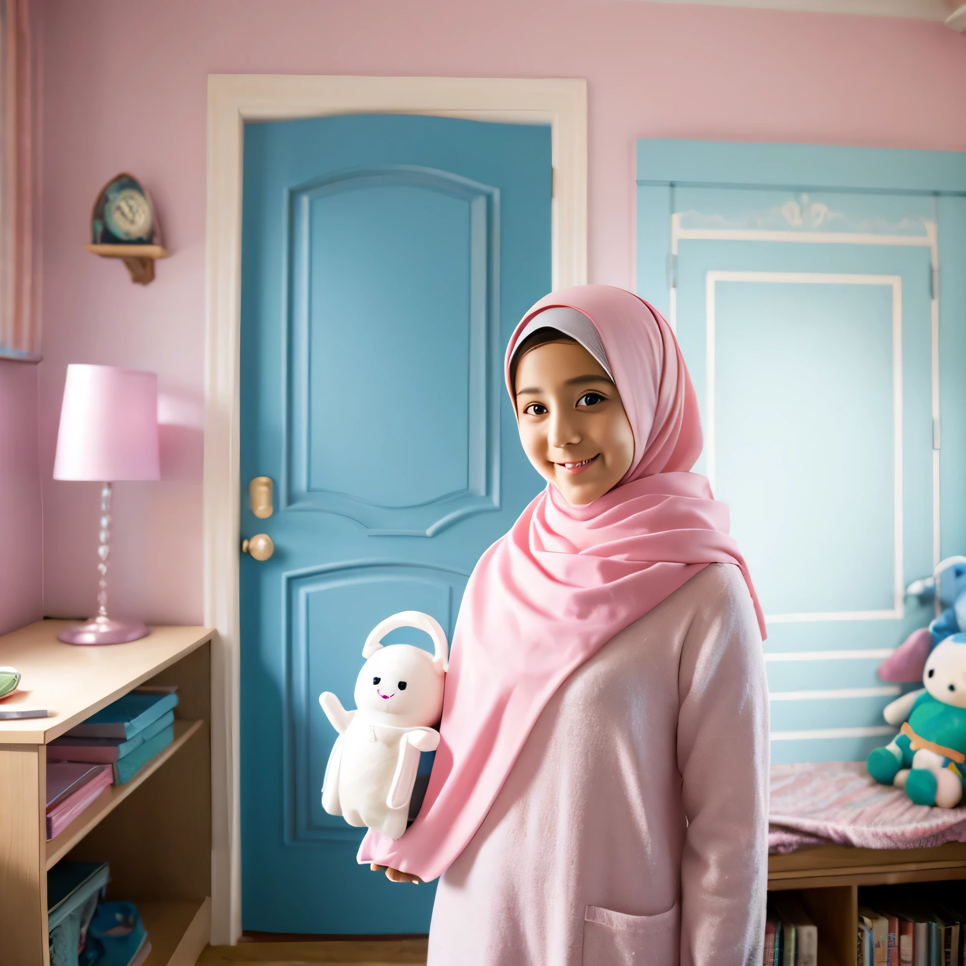 a beautiful , 7 years old, with a modern light blue hijab, is posing in a polite, relaxed pose and smiling sweetly, while carrying a rather large cinnamoroll doll, the background in a luxurious girl's room, there is a light blue door with a combination of pink, and a study table, Cinnamooll doll poster, Cinnamoroll miniature toy, original image, full HD