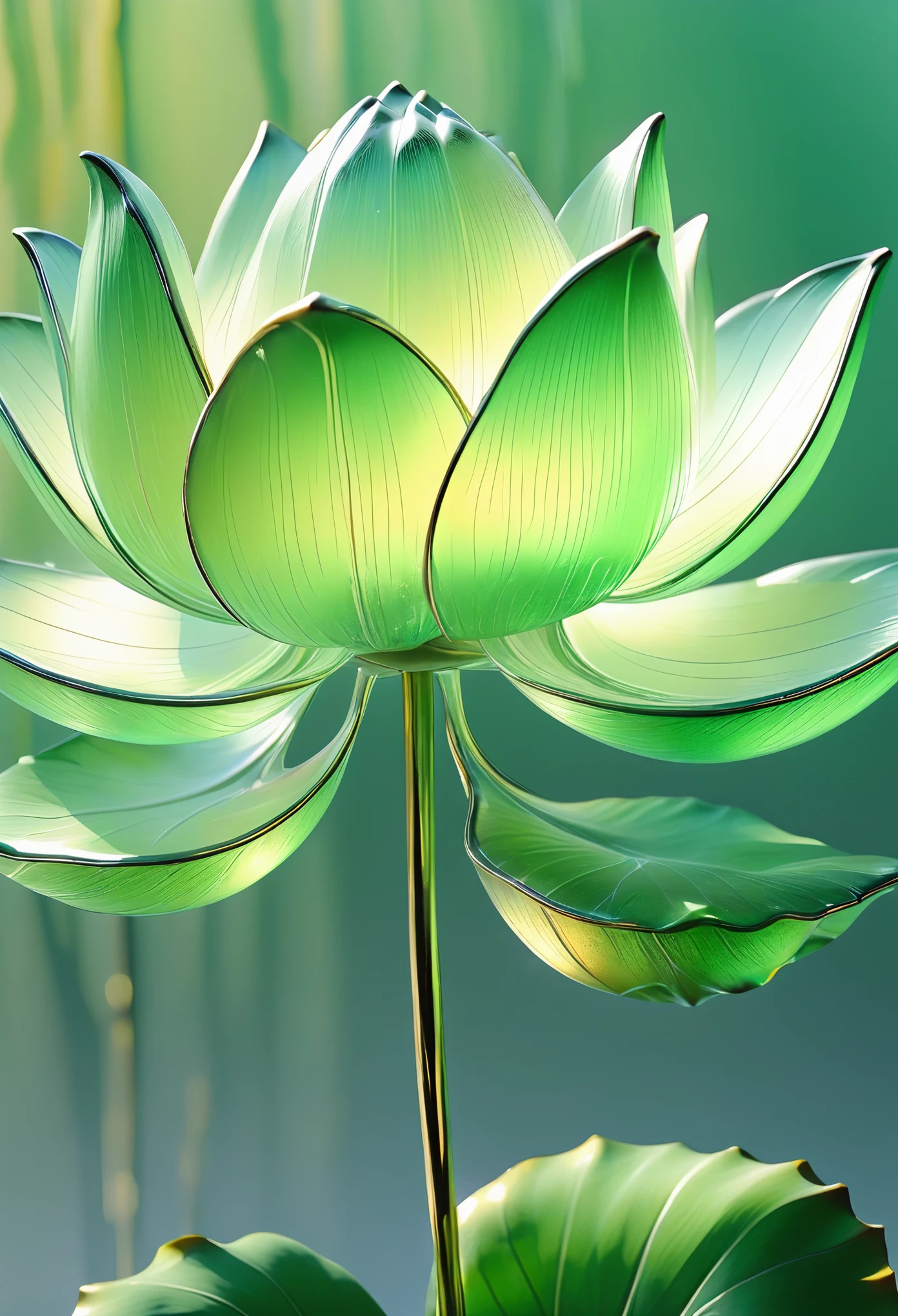 ((only one lotus leaf))，gold，green，vein，glass texture、Light，Light谱Light， Gradient translucent glass melt, Caustics, clean