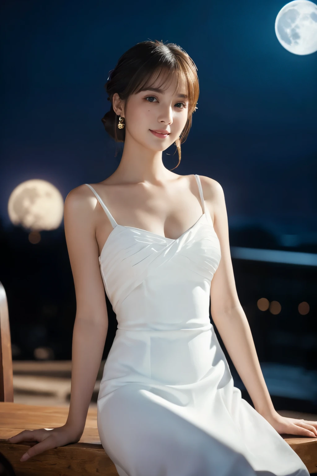 ((table top:1.4, highest quality)), (realistic pictures:1.4), 
((1 girl)), (Pure actress), (dream-like),
(超High resolution:1.2), very delicate and beautiful, wonderful, Highly detailed CG Unity 8K wallpaper, Super detailed, High resolution, 
soft light, beautiful detailed girl, highly detailed eyes and face, beautifully detailed nose, beautiful and detailed eyes, 
(wear a light white dress:1.3), (A girl full of mysterious beauty),
cinematic lighting, perfect anatomy, slender body, (parted bangs),
(sitting:1.3), (night view), (moon), (moon光の美しさ),
cowboy shot, looking at the viewer, smile
