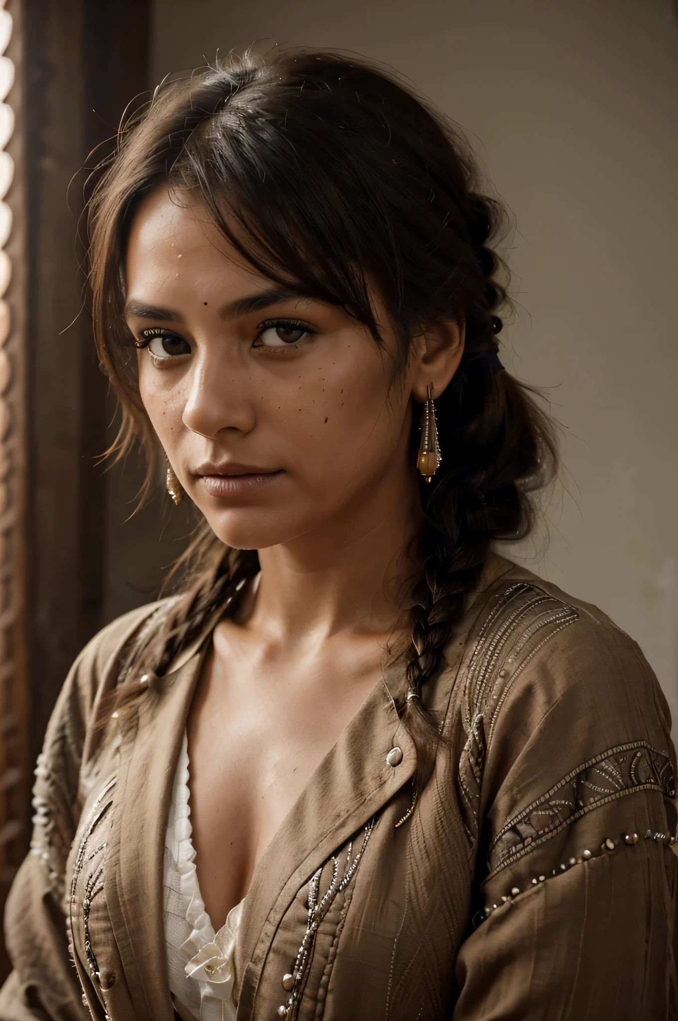 30yo Lakota woman, Native Indigenous female, ((photo taken is sepia, tintype photo, portrait,(high contrast))), (deep, darkest shadows), (35mm film), high contrast,((taken using Leica camera, aperature: f/2.8)) ,(kkw-ph1:0.9), hyper-realistic skin, (she is tattooed), (she's wearing dark contemporary chic jacket with intricate colorful bead work:1.2),( layers of clothes)), background: indian reservation Dakotas USA, intricated beaded mural, most beautiful woman, (her hair is pitch dark, messy braid), she in dark with natural light glow, radiant skin , (sun accents her features),intense eye contact, tough, confident, a stunning woman, (relaxed , composed, ), (hyper-detailed bead fabric texture, shirt pattern, fabric, (naturally backlit)), (highest quality fabric texture: 1.2), sepia film, vintage, accent highlights, shadows, film quality, cinematic, powerful image, strong woman, minimal, atmospheric air, (ultra-realistic ,soft accent light, gorgeous natural lighting, (stunning facial lighting)), (highest quality fabric texture),, High-realism hair and skin, (ultra-realistic skin, Native woman ), stylish elegance, Finely detailed,(Fine-grained), (highest detail skin texture peach-fuzz, freckles, skin realistic,) ○○ res – ultra high high resolution , very high texture (film negative grain highlights resolution), Photorealistic hands and fingers – (photorealistic beautiful 4k) , 8K,extreme detail, close and intimate, close-up, Her perfectly framed face, plains indian woman, a work of art, beautiful composition, solo woman, (highest quality fabric texture), dark thick hair, every detail,Fine facial features, Masterpiece – (Highest Quality) ,Leica camera film, High quality ○○ detailed – ○○ details ultra detailed(Ultra-fine ), Photorealistic, Extremely detailed(Extremely detailed) , Finely detailed, (highest detail image, lens flare, realistic)○○ res – ○○ resolution ultra high res(A high resolution), intimate and relaxed