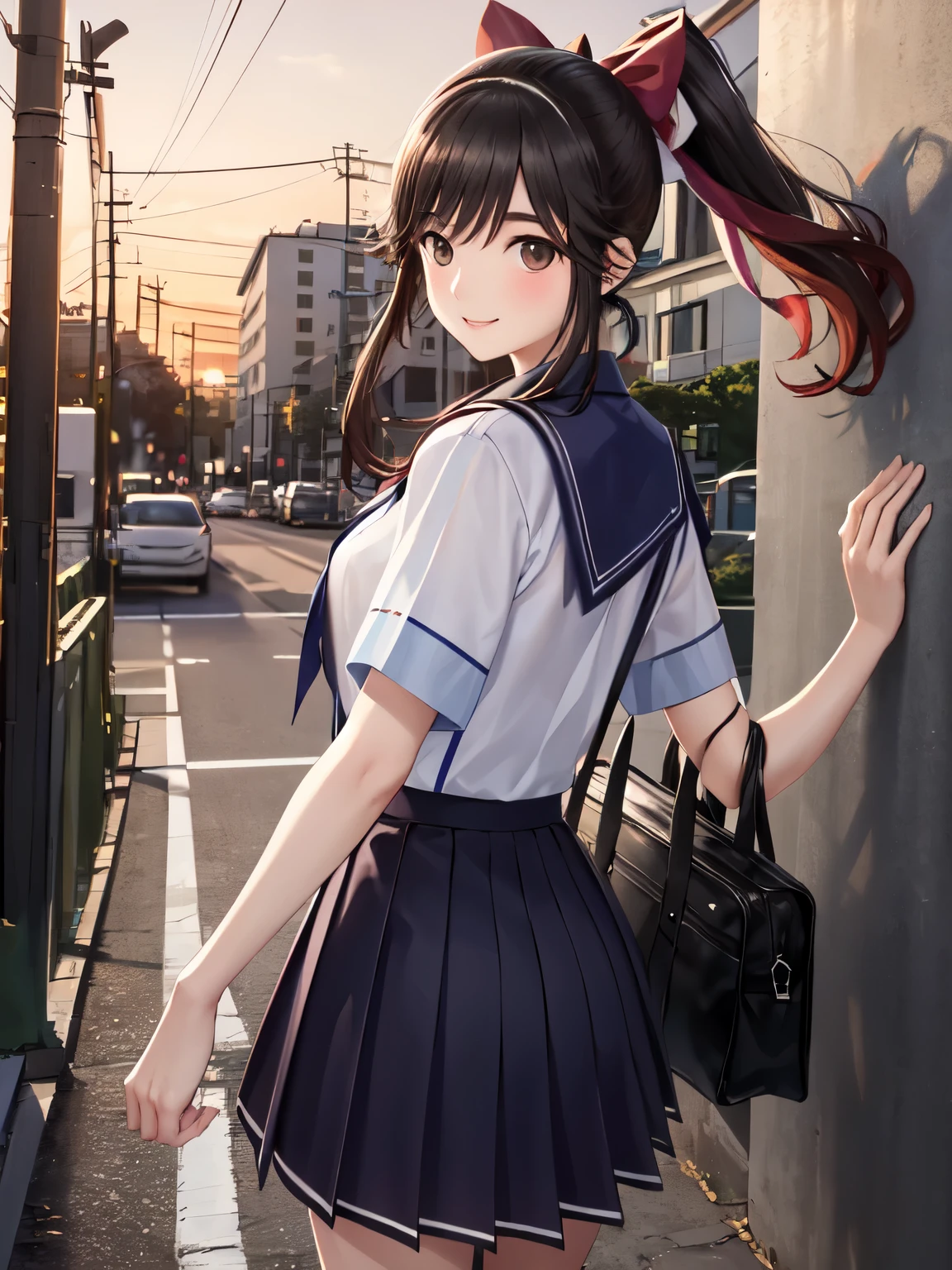 Super Detailed Game CG, (High resolution:1.1),(absurd:1.1), anime, evening、sunset、sunset path、alley、telephone pole、street tree, pretty girl, 1 girl, takane manaka, small breasts, black hair ponytail, red hair ribbon,white sailor suit, navy blue skirt, bangs, wind effect, reflection effect, smile gently、smile、beauty in return、Reddish cheeks、優しいsmile、 beautiful perfect face, droopy eyes、view audience、trot、holding a black school bag、after school、upscale、evening、red sky