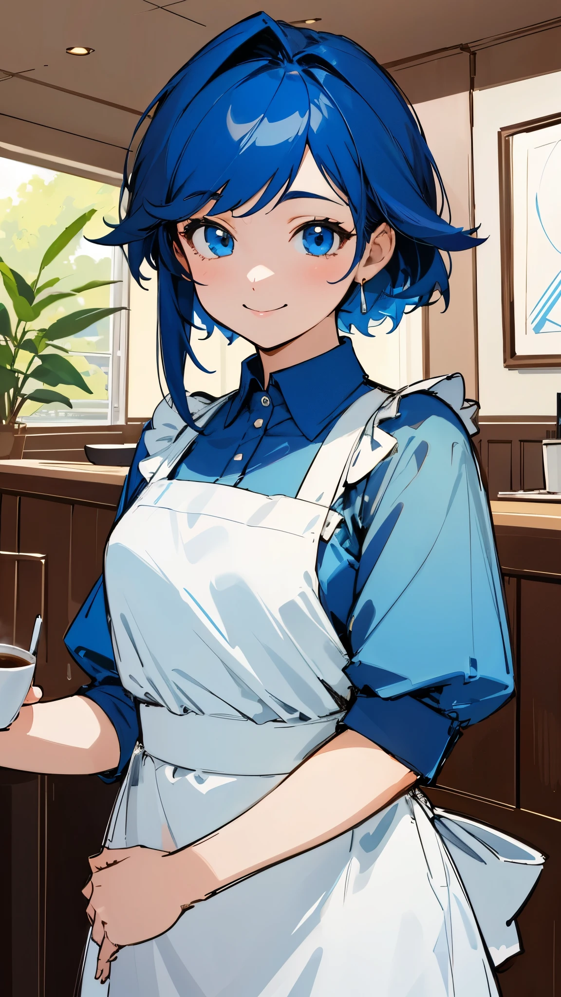 masterpiece、highest quality、High resolution、very detailed、detailed background、1 girl、white blouse、blue skirt、upper body up、dark blue hair、blue eyes、smile、Apron appearance、((indoor、morning、Cafe))、sharp outline