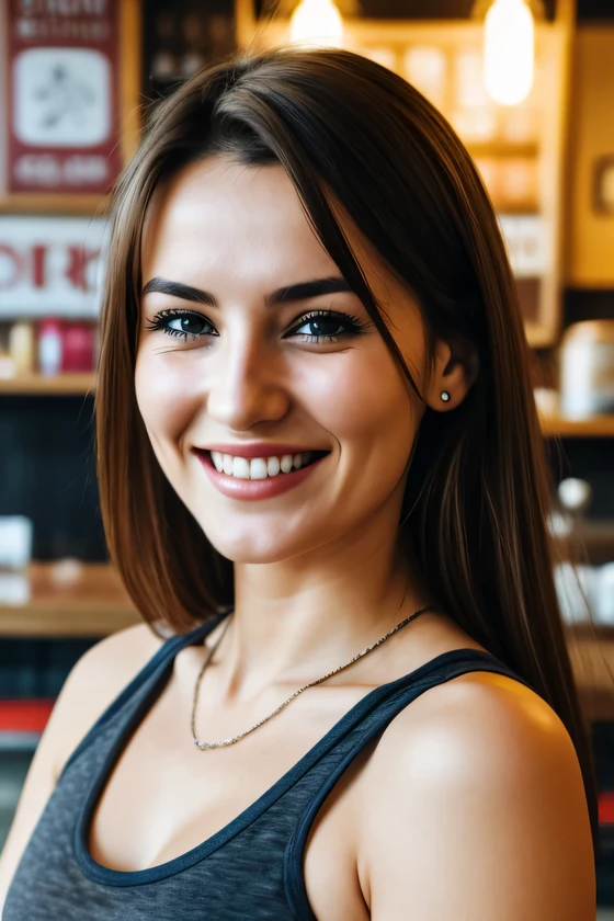 Realistic photo of (1cute balkan woman), tank top, in ramen shop, smiling, Canon EOS, clear facial features, close up portrait, cinematic mode, 8K