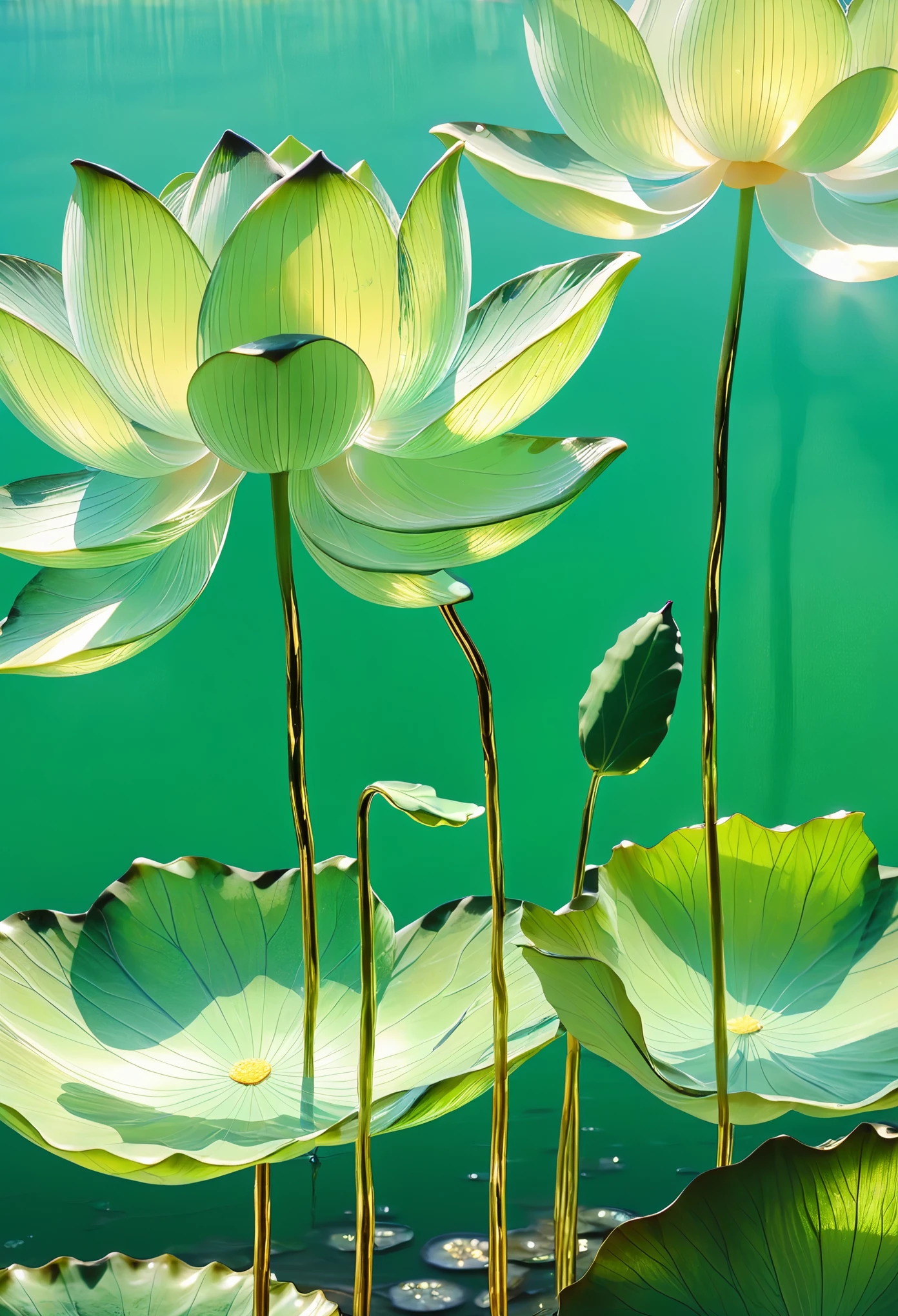 ((only one lotus leaf)),moon,lake surface,gold,green,vein,glass texture、Light,Light谱Light, Gradient translucent glass melt, Caustics, clean
