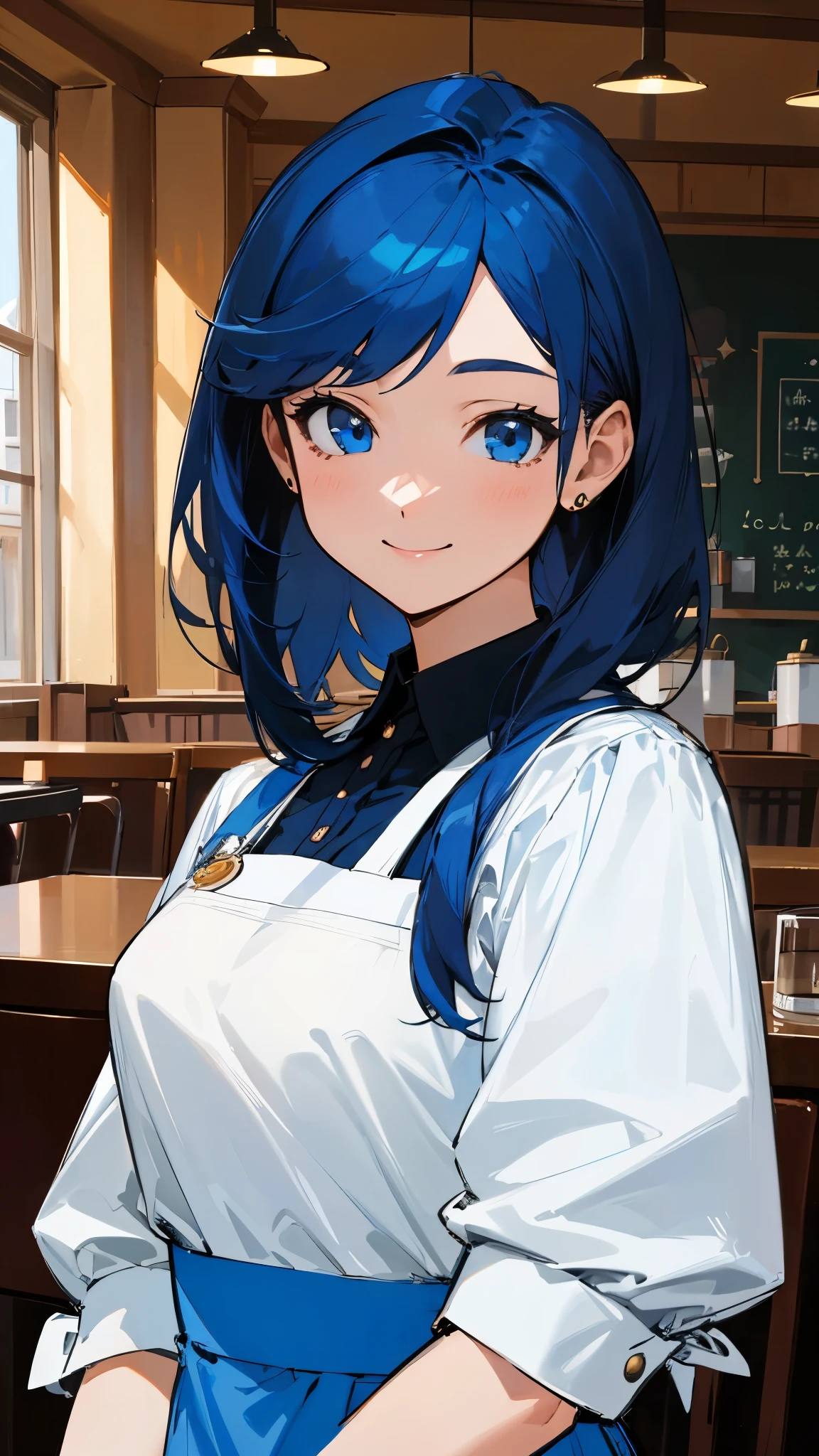 masterpiece、highest quality、High resolution、very detailed、detailed background、1 girl、white blouse、blue skirt、upper body up、dark blue hair、blue eyes、smile、Apron appearance、((indoor、morning、Cafe))、sharp outline