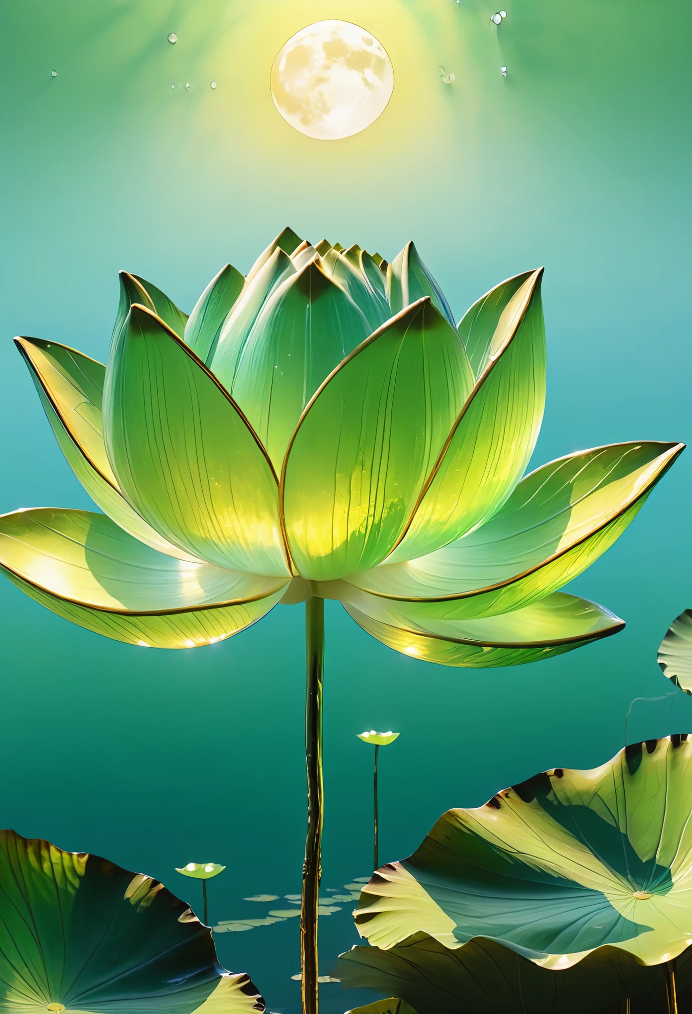 ((only one lotus leaf))，moon，lake surface，gold，green，vein，glass texture、Light，Light谱Light， Gradient translucent glass melt, Caustics, clean