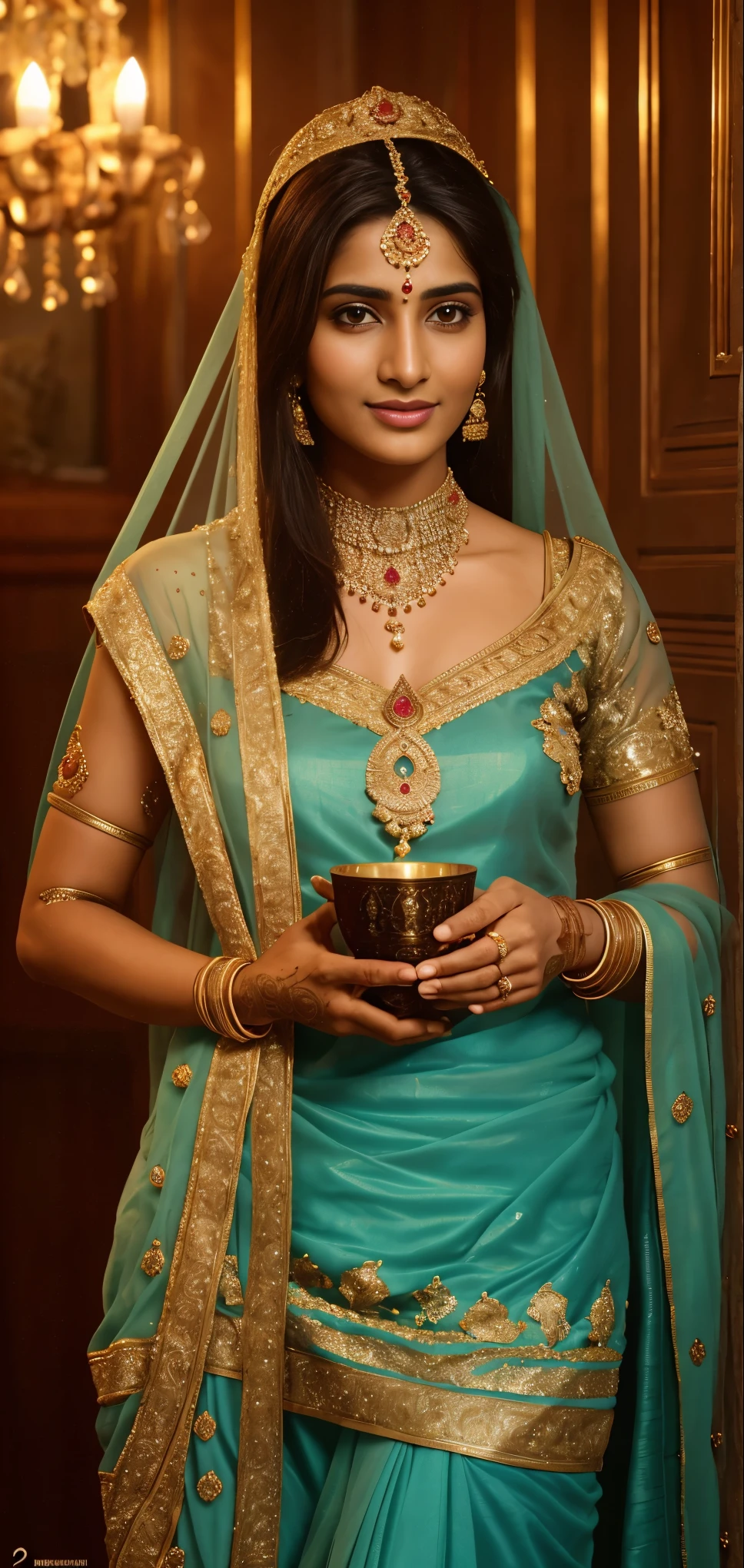 A photorealistic portrait of a 30-year-old Indian beauty adorned in traditional dupatta chunni and jewelry, fully naked except for the dupatta and jewelry, highlighting her beautiful , nipples, and hairy pussy. Celebrating her wedding anniversary, she is savoring a cup of chai, radiating elegance and charm with her gorgeous features, big breasts, and perfect hairy pussy, all captured in stunning detail.(HAIRY PUSSY NSFM)