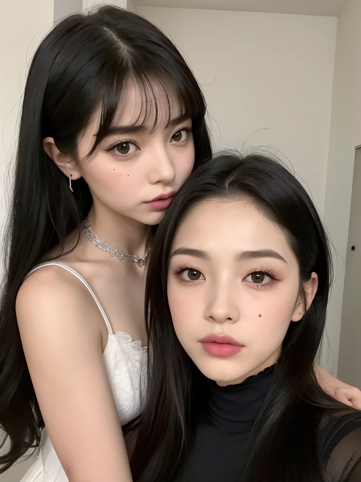 Kim Jennie con el cabello negro oscuro, con rulos en las puntas del cabello negro oscuro, con un ganchito de estrella en el cabello negro oscuro, ojos de color claro, ojos bonitos, ojos llorosos, nariz bonita y respingada, labios bonitos, labios rosas, heart and cupid shaped lip, piel bonita, pale, piel blanca, con lunares y pecas en todo el rostro, rubor rosa suave en las mejilla, rubor rosa natural, dark and gothic makeup, Jennie gotica, mientras ella esta con un chico lindo a su lado, with a cute asian boy standing next to her, mientras hay un torso de hombre, mientras el hombre'His hand is on his jaw.., manos bonitas de hombre, with a gothic boy, cuellos bonito, cuello marcado, frown, mirada enojada, con un collar de beso, un collar bonito de beso, mientras sus pezones son notorios (pechos grandes, pechos suaves, pechos bonitos, pechos naturales), con un vestido blanco, vestido corto y transparente, visible on the nipple, con un chico a su lado, con su novio, mirando a la camara, autofoto