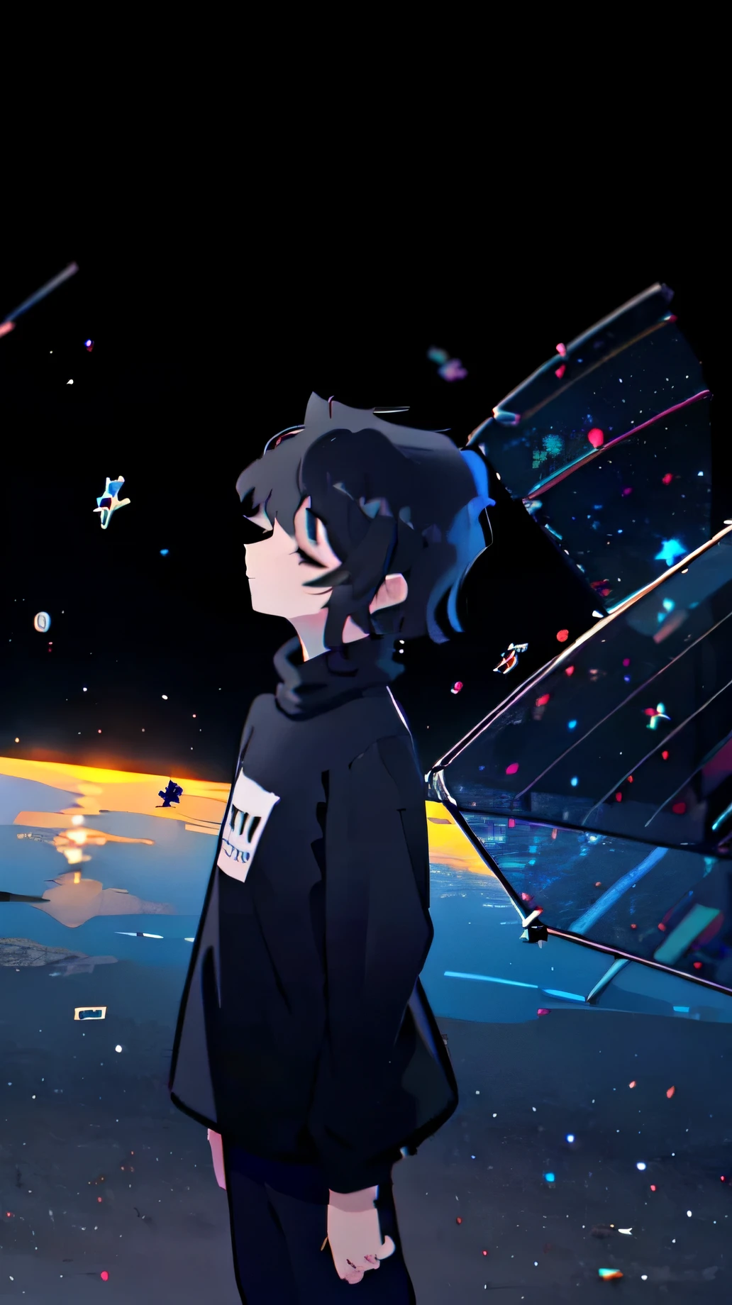 boy , black hair , black shirt , looking far away , Meditation pose, wearing headphone , space background , stars , outside , closed eyes 