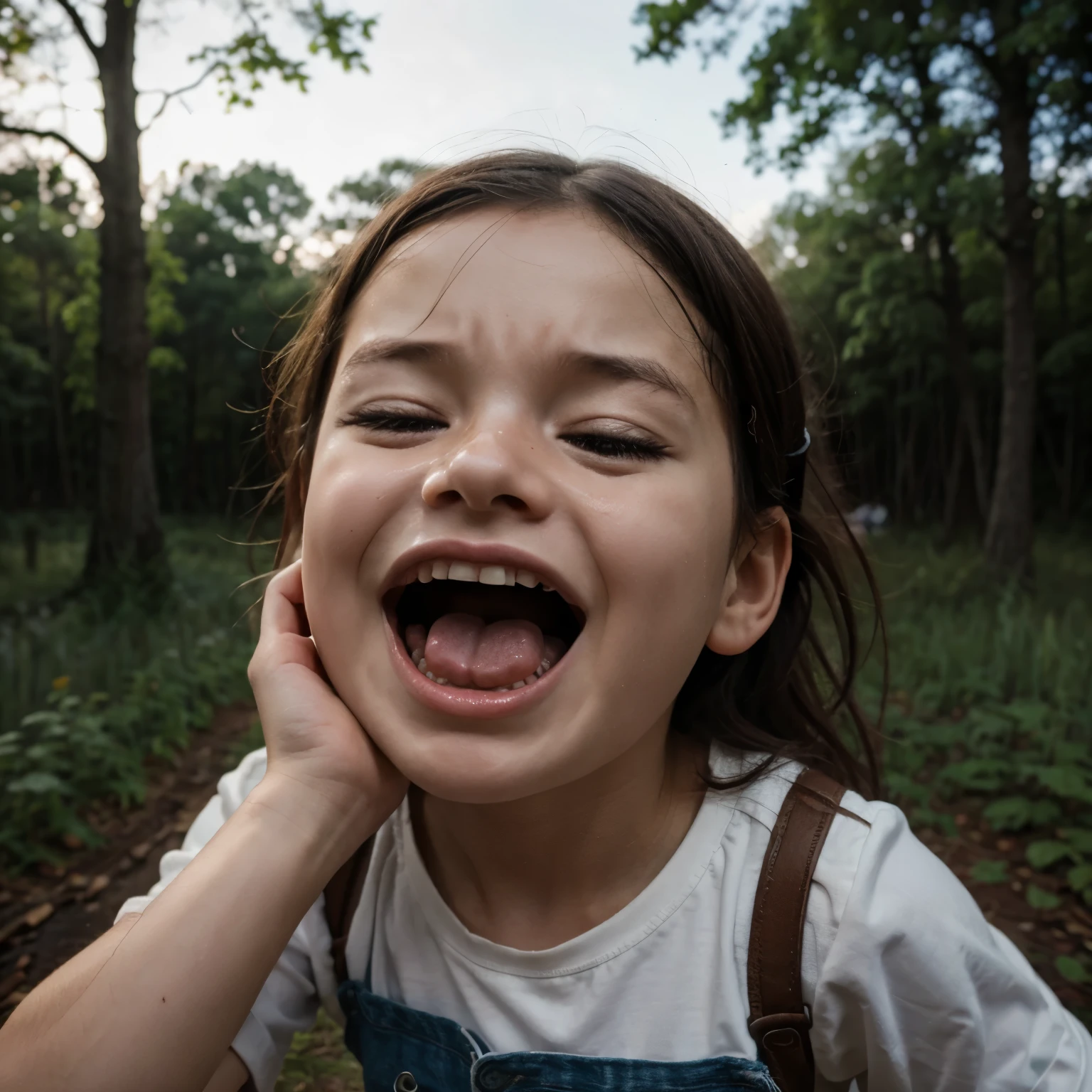 Pixar-like drawing of children crying in the woods, screaming with their eyes closed 