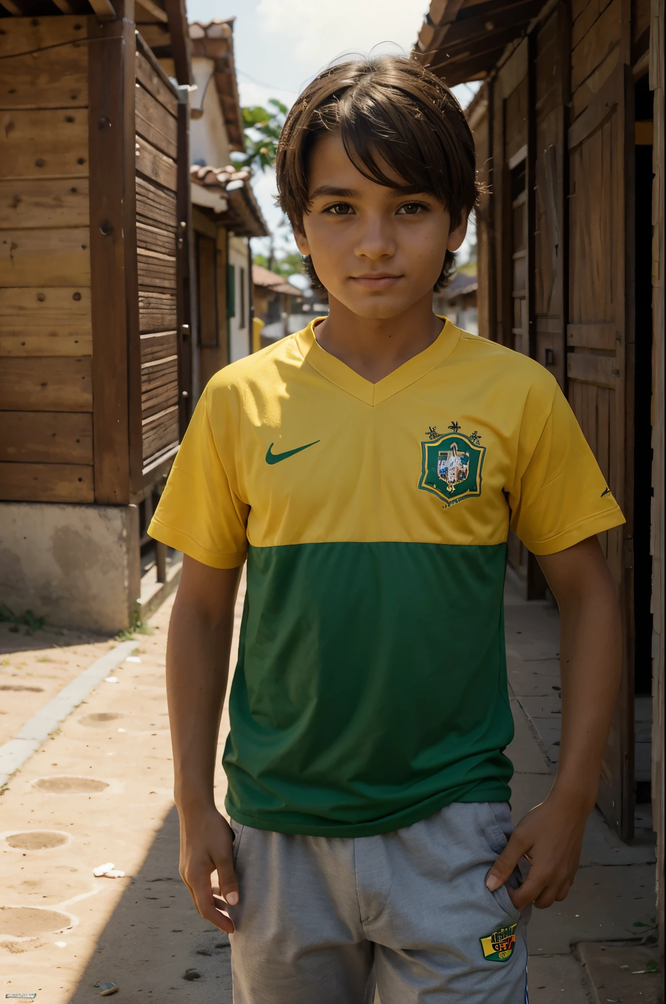 de 9 anos, cabelos curtos, Cortar, marrons, olhos marrons, shirt of the Brazilian national football team, amarela, caminhando sozinho em uma bela paisagem montanhosa no por do sol, feliz, Estilo Disney Chanel, imagem uhd, 8k, ultra.