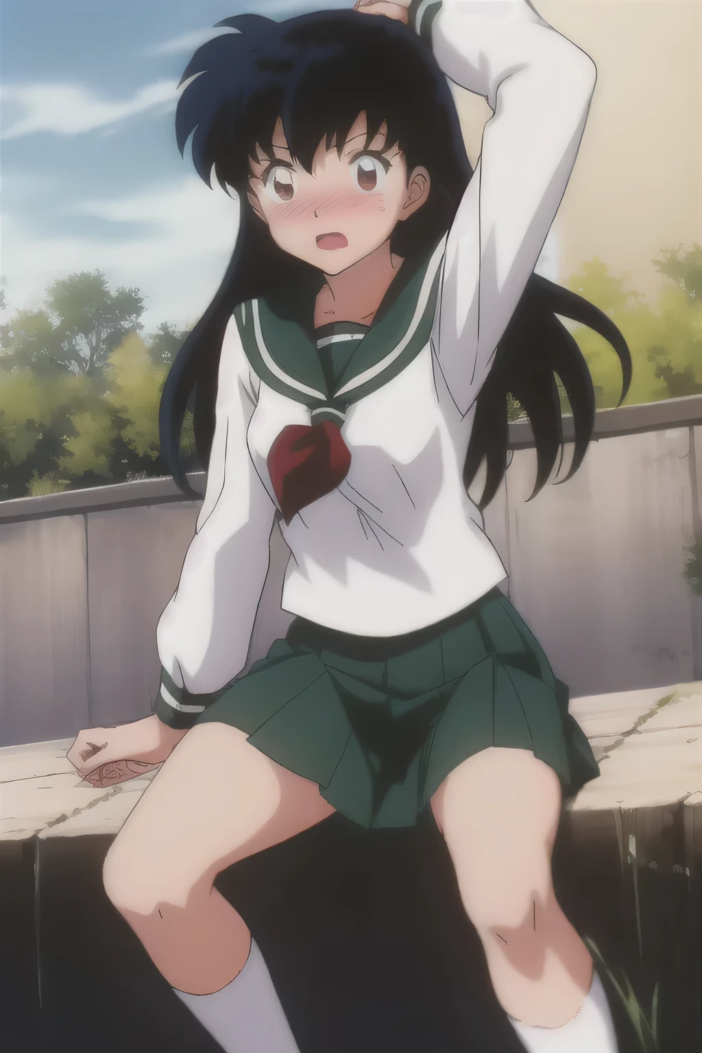 kagome, 1girl,  school_uniform, skirt, white_socks, white_pants, blush