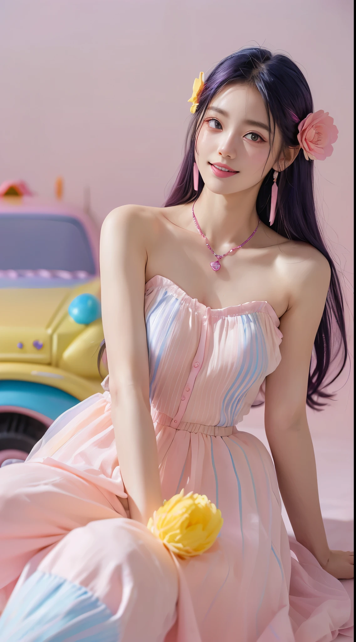 (extra detailed body、extra detailed face、best qualtiy:1.2)、femele、looking at the viewers、(Colorful hair color、sixteen years old、30 flowers on the hair ornament。Large shoulder-length piercings、a necklace、a smile、See-through clothes with blue and yellow and pink and vertical stripes)、(Flying pink candy car on background:1.4)