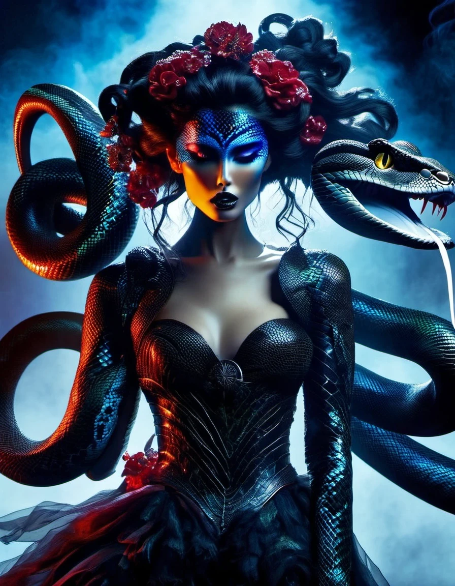 in style of Light painting, in style of Screenprint, beautiful detailed哥特风格红色，Greek mythology Medusa wearing a very strange costume is blowing protruding large amounts of black smoke：0.9），（human head snake body），（Hair made of countless snakes），（snake scale skin：1.2），Black smoky makeup，There is red blood in the corner of the eye，（）A red, slender tongue protrudes from the open mouth.：1.35），Blue seductive eyes，（In the foreground is the blue laser aurora emitting beams：0.3），complex clothing design, dreamworks animated bjork, james cameron avatar style, darkness is always there，Beauty and warmth come from darkness，Gorgeous model，There are also many snake scales growing on the black arms.，Thin figure，dead branches，Decadence scent，Alexander has a strong flavor of Gothic asceticism，gothic style，Savage growth，Optoelectronic style，science fiction，