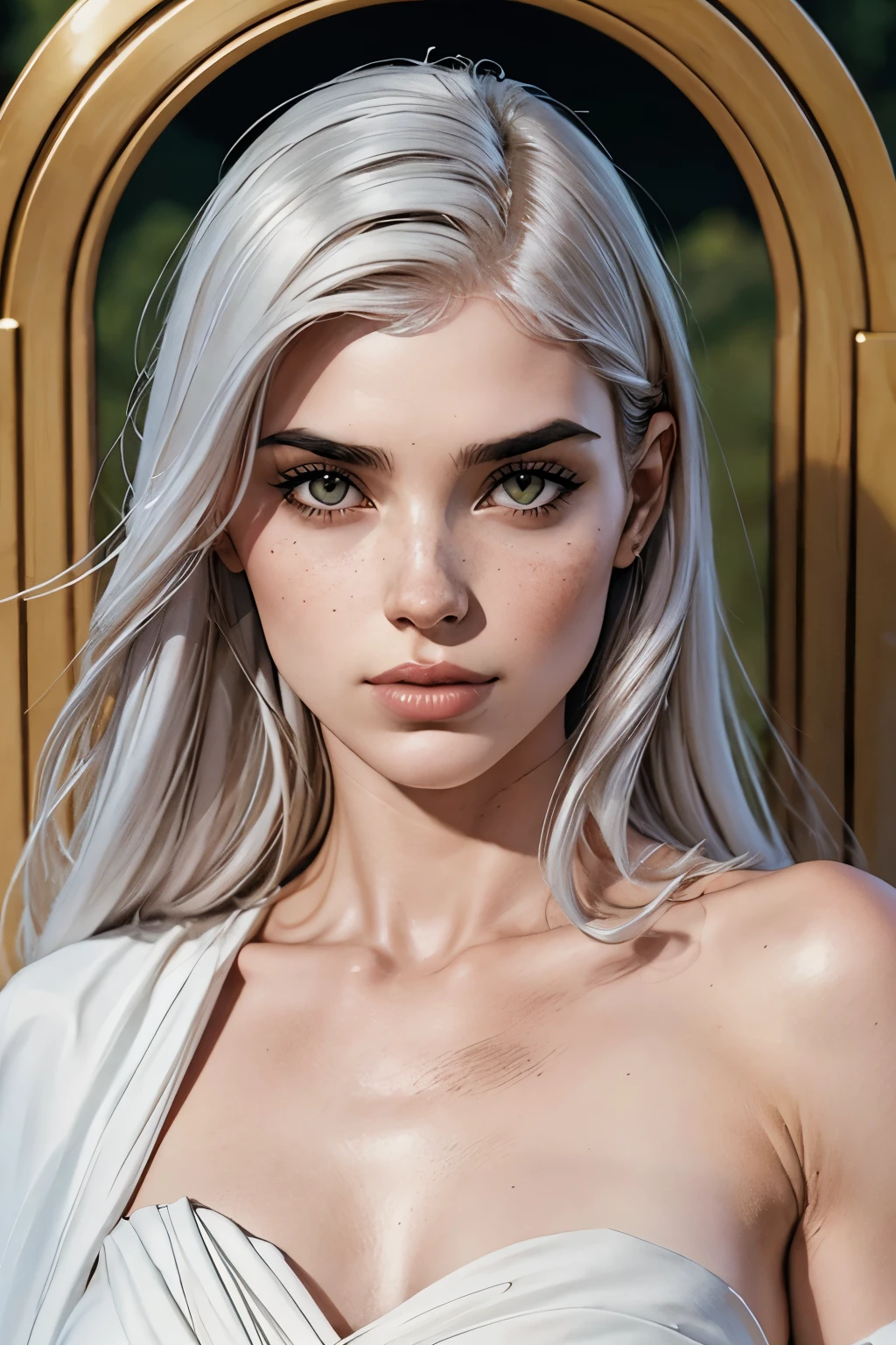 jovem mulher de 25 anos, cabelos longos, liso, pretos, olhos no formato amendoado fino na cor verde, pupils on half eyelid, pale skin with a few freckles on the nose , drooping mouth, corpo levemente musculosos, left arm wrapped in bandages, abaixo delas, seals in the form of closed gates that were interconnected by rose stems. Rosto em formato triangular nariz fino e levantado, full Illustration, 4k, sharp focus, watercolor, smooth soft skin, symmetrical, soft lighting, detailed face, concept art, Octane rendering, 3d, perfect face, detailed face, delicate face, perfect sharp lips, detailed eyes. Craig Davison, Aubrey Beardsley, Conrad Roset, Aikut