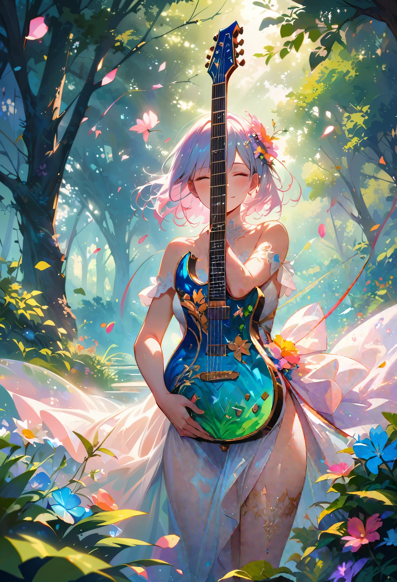 (best quality,4k,8k,highres,masterpiece:1.2),ultra-detailed,realistic,crystal-clear guitar carving,translucent morning of spring,sunlight reflection on guitar,body details,delicate strings,vibrant color palette,sculpting tools,hourglass figure,sound holes,elegant curves,polished surface,delicate engravings,effects of light and shadow,subtle reflections,shimmering surface,sparkling gemstones,flower petals falling,floral patterns,emerald accents throughout,transparent springtime essence,ethereal atmosphere,peaceful garden background,serene ambiance,morning dew,soft sunlight filtering through trees,lush greenery,vividly colored blossoms,harmonious blend of nature and art,impeccable craftsmanship,transcendent beauty,awe-inspiring artwork