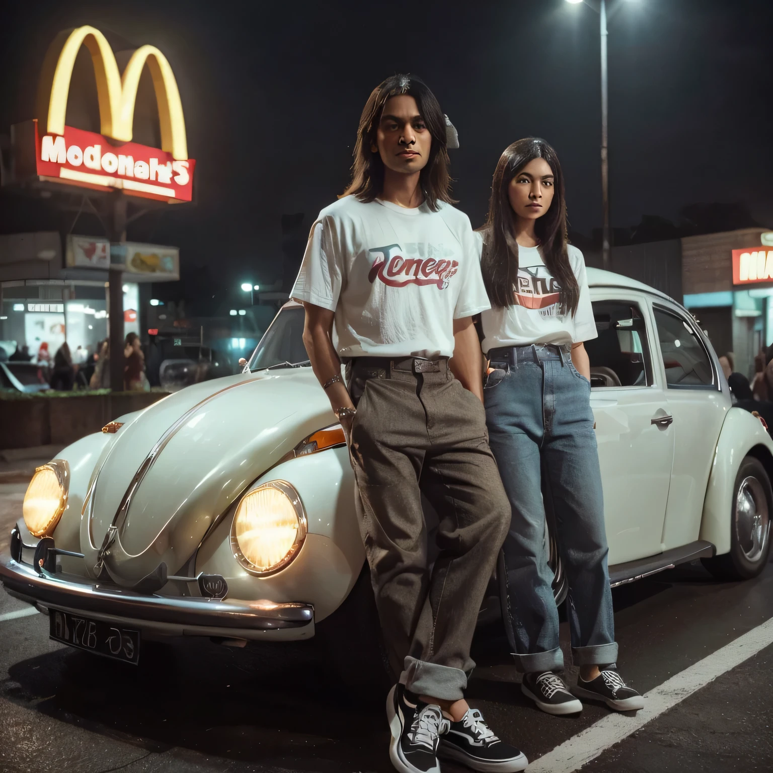 full-body photography, high resolution, (photorealistic), Indonesian man with long straight hair, 26 years old with a girl, standing next to VW Beetle, wearing a t-shirt that says "RAMEY" shoes Vans, Mcdonald's parking night background, sharp re, by lee jeffries nikon d850 film stock photo 4 kodak portra 400 camera f1.6 lens rich hyper realistic colors lifelike textures dramatic lighting unreal machines trending in cinema arttation 800, detailed no defects.