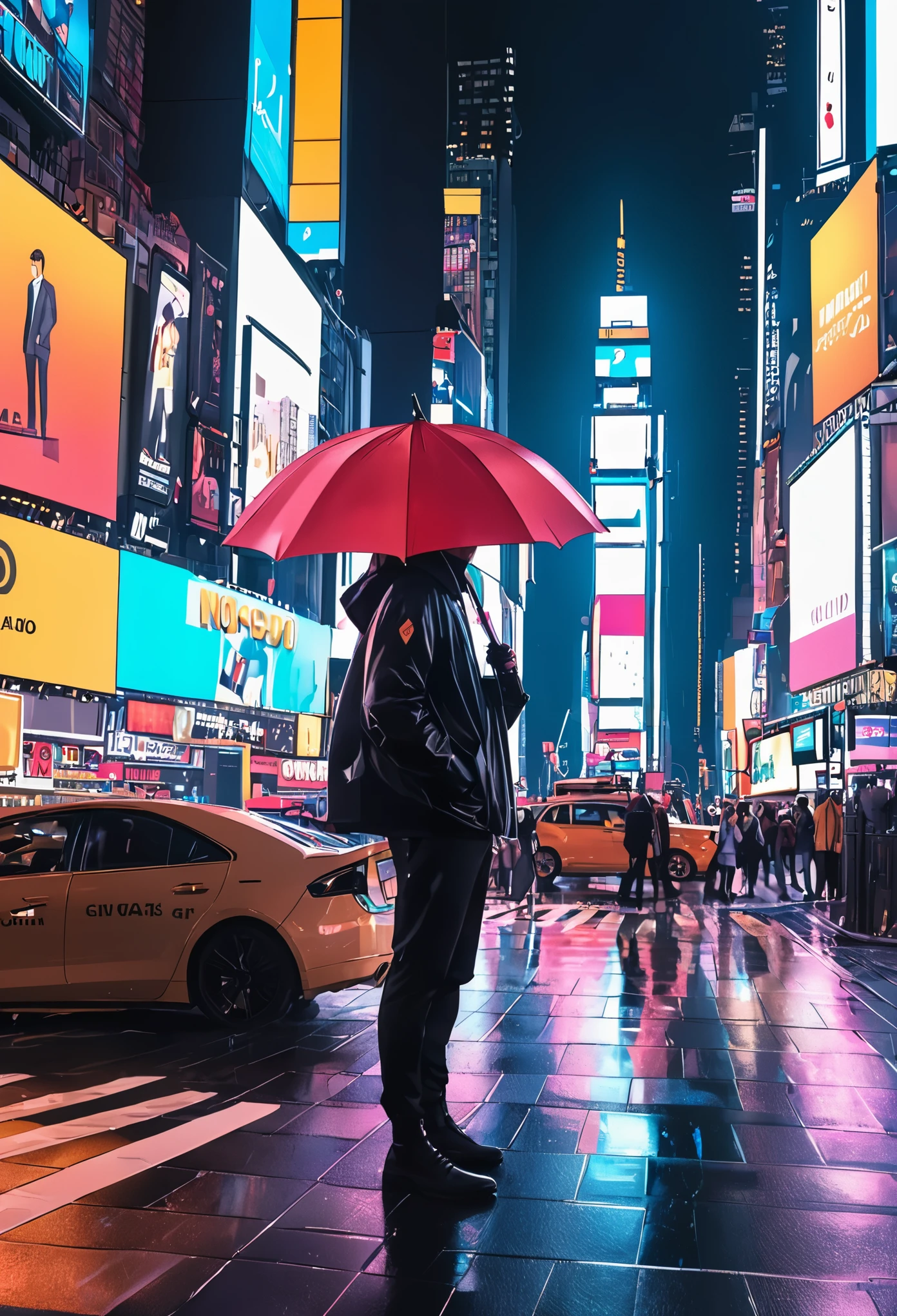 imagine 1 homem cyberpunk usando um guarda-chuva, caminhando pela times Square , clima chuvoso a noite ,carros passando , detalhado , of very high quality , chuviscando , times Square atualmente, corpo inteiro , corpo inteiro, pose de costas