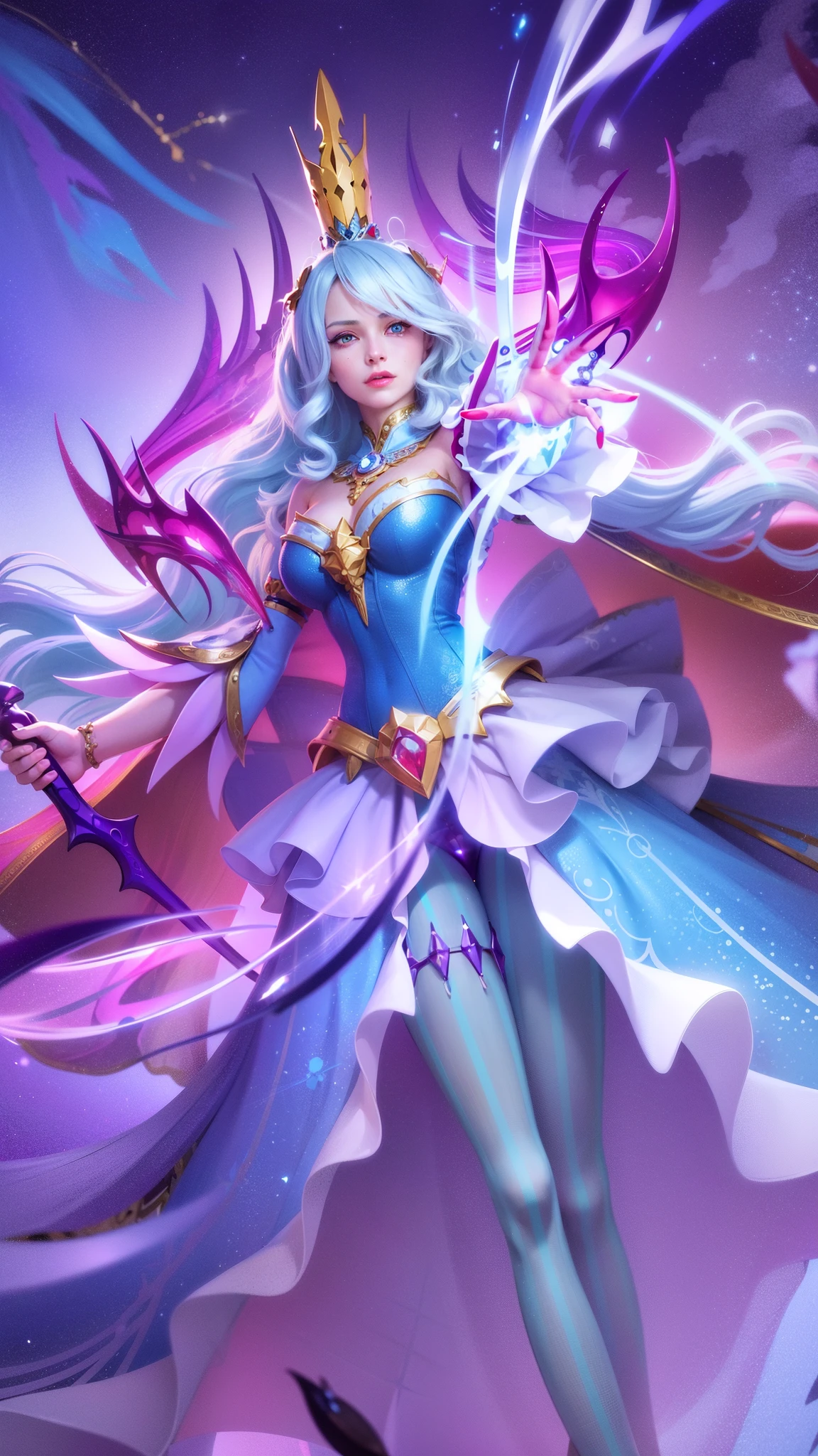 a woman in a blue dress with a crown and a sword, beautiful celestial mage, mobile wallpaper, mystical atlantean valkyrie, 8k, ultra hd, ultra detailed texture, hyper realistic, detailed texture, detailed face, detailed skin, detailed lighting, best quality, beautiful lighting, cinematic lighting, professional lighting, ultra highres, realistic, detailed hair, real hair, white hair, high quality, (realskin:1.5), extremely detailed, finely detail, ultra-detailed, detail eyes, cinematic background, red eyes, red lips