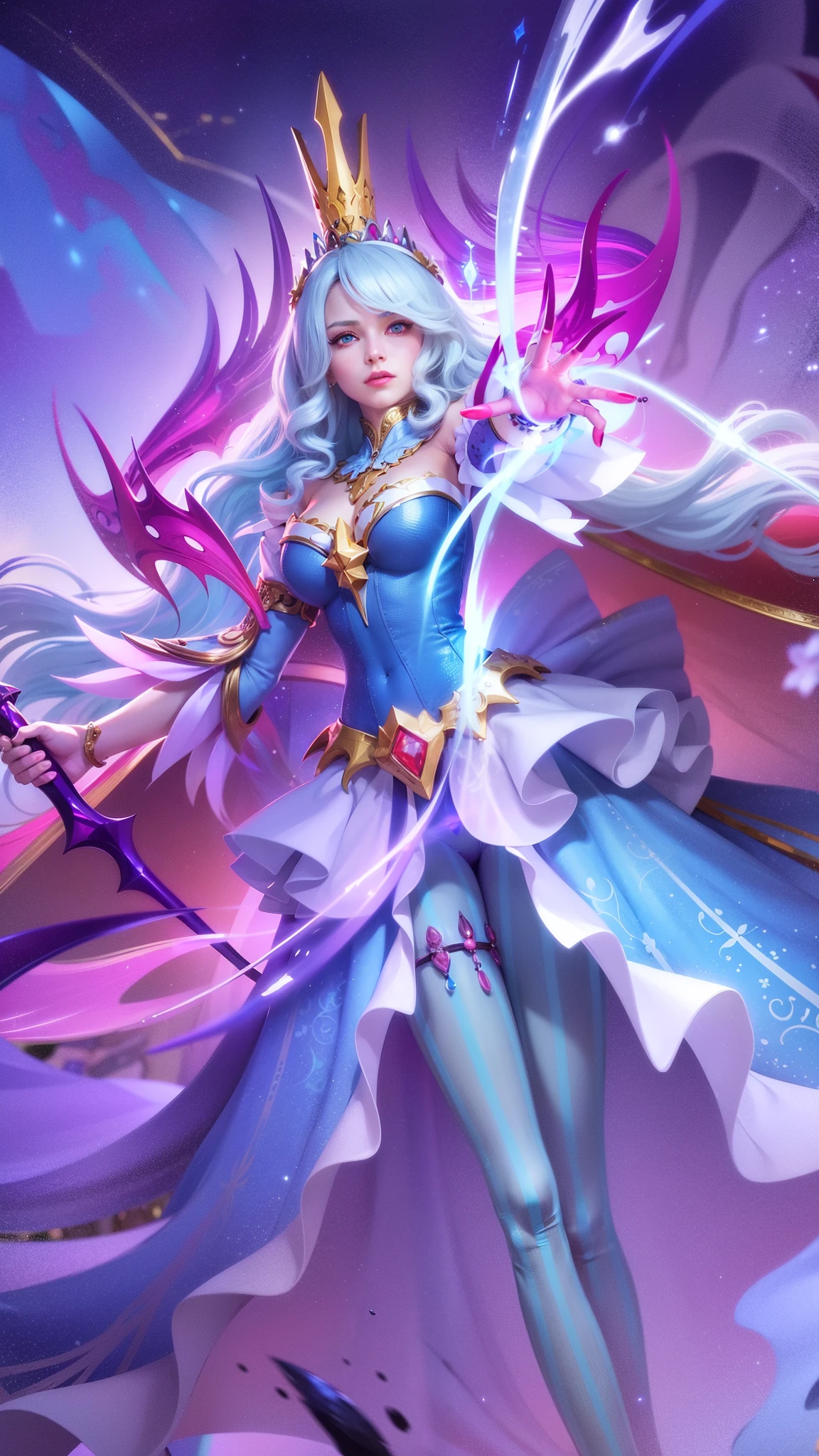 a woman in a blue dress with a crown and a sword, beautiful celestial mage, mobile wallpaper, mystical atlantean valkyrie, 8k, ultra hd, ultra detailed texture, hyper realistic, detailed texture, detailed face, detailed skin, detailed lighting, best quality, beautiful lighting, cinematic lighting, professional lighting, ultra highres, realistic, detailed hair, real hair, white hair, high quality, (realskin:1.5), extremely detailed, finely detail, ultra-detailed, detail eyes, cinematic background, red eyes, red lips