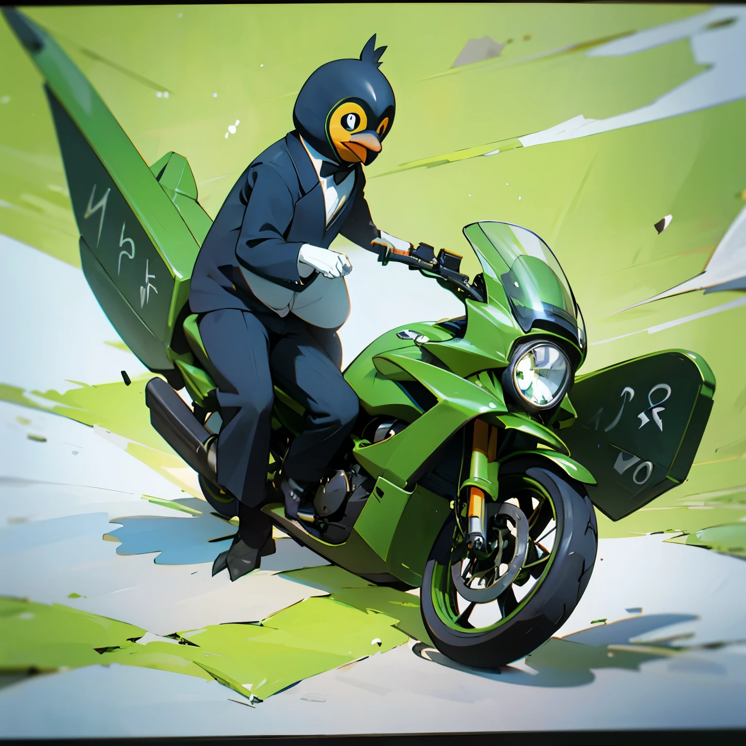 Draw a penguin on a green motorcycle