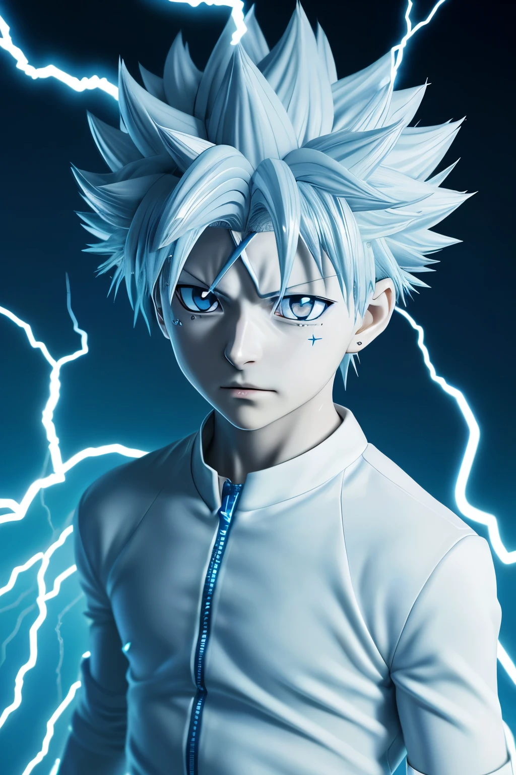 Killua Zoldyck, the iconic character from the anime and manga Hunter x Hunter, is depicted in this ultra-realistic image. His spiky hair stands out in contrast to his simple white and blue attire. Electrifying blue lightning surrounds him, a testament to his Electro-Manipulation ability.

Killua Zoldyck, iconic character from the anime and manga Hunter x Hunter, is depicted in this ultra-realistic image. Her frizzy, spiky hair contrasts with her simple white and blue complexion.. Blue electric flashes on