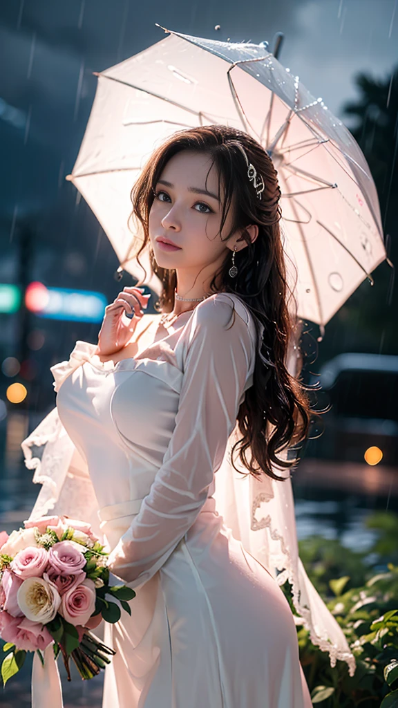 (RAW shooting, Photo realism:1.5, 8K, best quality, masterpiece, ultra high resolution), Perfect dynamic composition:1.2, In front of the church in modern city at night, An expression of sadness:0.7, ((((Typhoon heavy rain)))), Highly detailed skin and facial textures:1.2, Slim office lady getting wet in the rain:1.3, Cowboy shooting, White skin:1.2, sexy beauty:1.1, perfect style:1.2, Beautiful and beautiful:1.1, Very beautiful face:1.2, water droplets on skin, (Raindrops fall all over my body:1.2, wet:1.2, wet hair:1.3), (Hand holding wet bouquet:1.2, wet pink wedding dress:1.3), (medium bust, perspective, chest gap), (cry, Lovelorn, The look on your face when you feel a strong caress, Facial expressions when you feel happy), (beautiful blue eyes, Feel beautiful erotic eyes:0.8), (too much:0.9, enchanting:0.9), necklace, earrings, bracelet