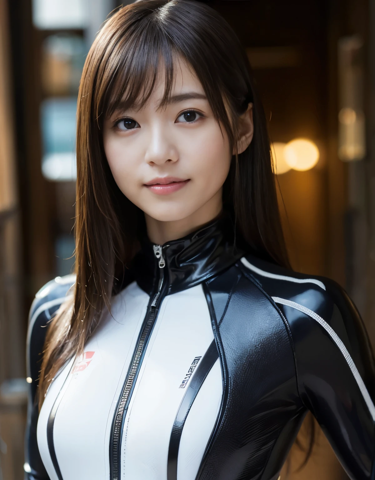 (1 girl)、highest quality、masterpiece、超A high resolution、(Photoreal:1.4)、Raw photo、1 girl、wet hair、hot、Sweat、(Wearing a skin-tight racing suit made of leather)、female rider、long sleeve,、leather racing gloves、Portrait、Shadow、octane rendering、8K、super sharp、Metal、intricate decorative details、Japan details、very intricate details、realistic light、(smile)、shining eyes、towards the camera、Small LED、Close-up