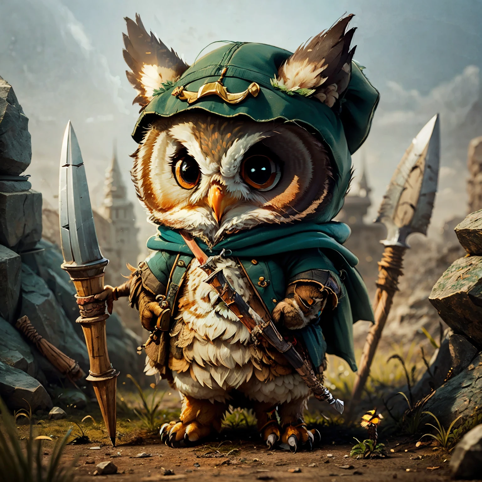 cute cartoon sticker of an owl dressed as an fantasy rogue with pencil-like daggers