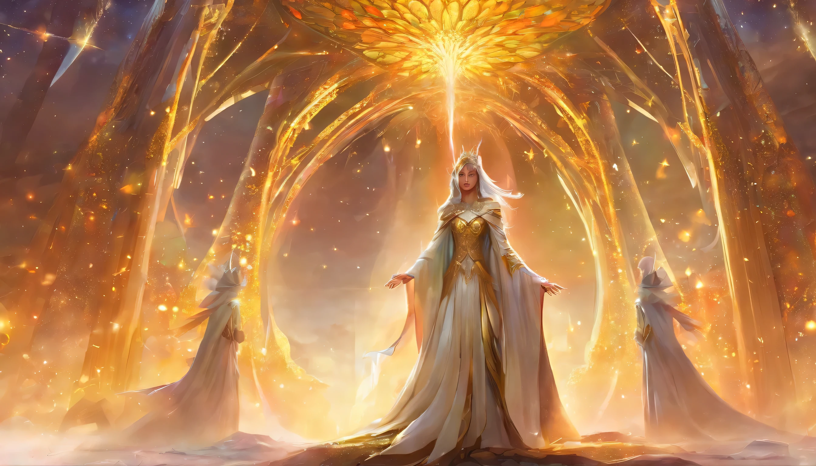 (masterpiece, highest quality, highest quality, official art, Cosmetology and aesthetics: 1.2), (1 girl), extreme details, (fractal art: 1.3), colorful, best details, perfect face, Upper body, HDR, prayer, (Golden lines in a white cloak: 1.2), starry sky, shooting star, light stripe, surrealism.