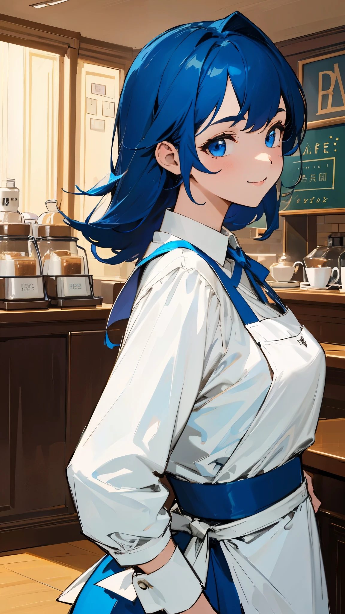 masterpiece、highest quality、High resolution、very detailed、detailed background、1 girl、white blouse、blue skirt、From the side、upper body up、dark blue hair、shining blue eyes、evil smile、Apron appearance、((indoor、morning、Cafe))、sharp outline