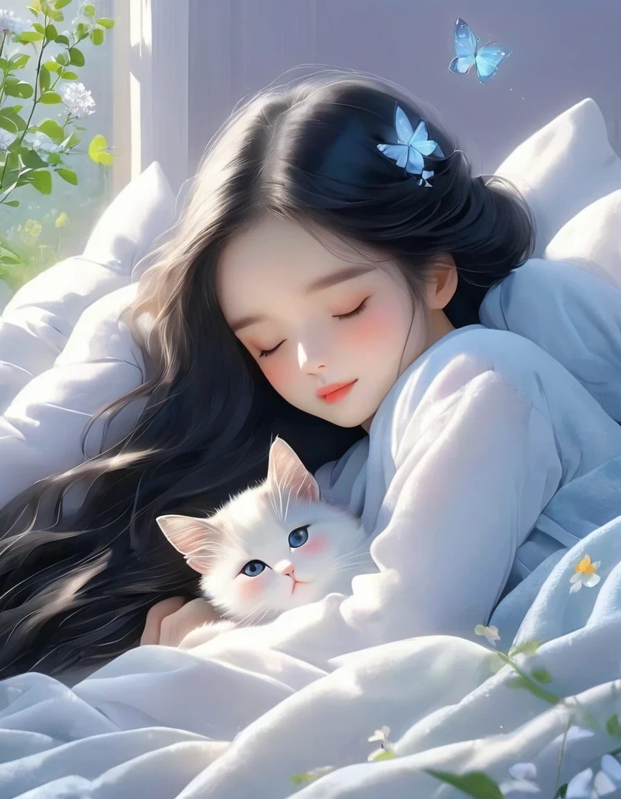 (best quality,4K,8K,HD,masterpiece:1.2),super detailed,actual:1.37,illustration,Inspiration for Studio Ghibli,Bed play,(girl,black hair,Lazily nuzzling a lazy cat with closed eyes in the morning),Lazy,charming,delicate eyes,(Highlighting the Expression of the girl's Fleshy Meticulous Little Lips),they hesitate,try to sleep,the essence of spring,butterflies flying spring flowers, spring tree, spring flowers, bright colors, warm sunlight, soft light, cozy atmosphere, energetic, young.