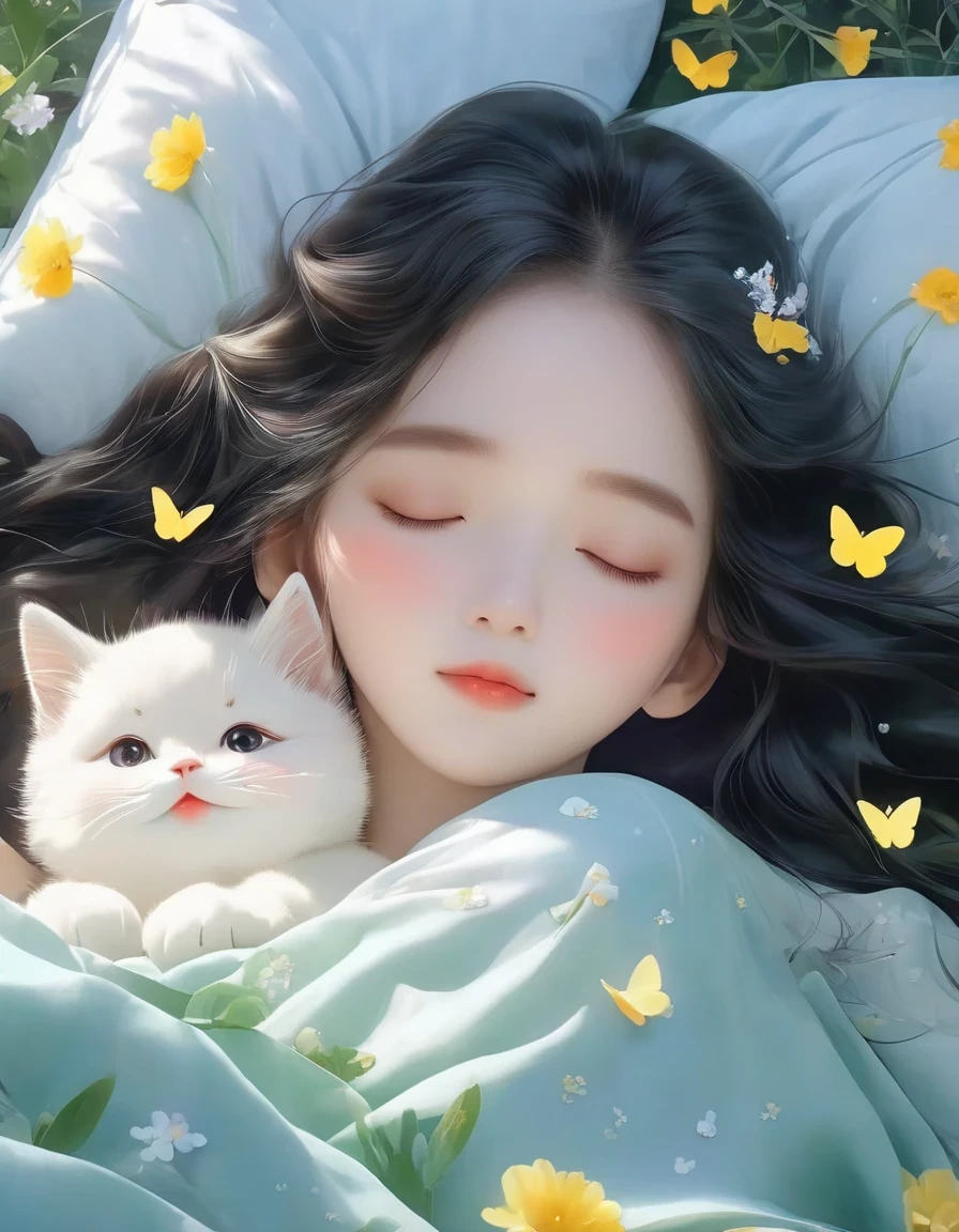 (best quality,4K,8K,HD,masterpiece:1.2),super detailed,actual:1.37,illustration,Inspiration for Studio Ghibli,Bed play,(girl,black hair,Lazily nuzzling a lazy cat with closed eyes in the morning),Lazy,charming,delicate eyes,(Highlighting the Expression of the girl's Fleshy Meticulous Little Lips),they hesitate,try to sleep,the essence of spring,butterflies flying spring flowers, spring tree, spring flowers, bright colors, warm sunlight, soft light, cozy atmosphere, energetic, young.