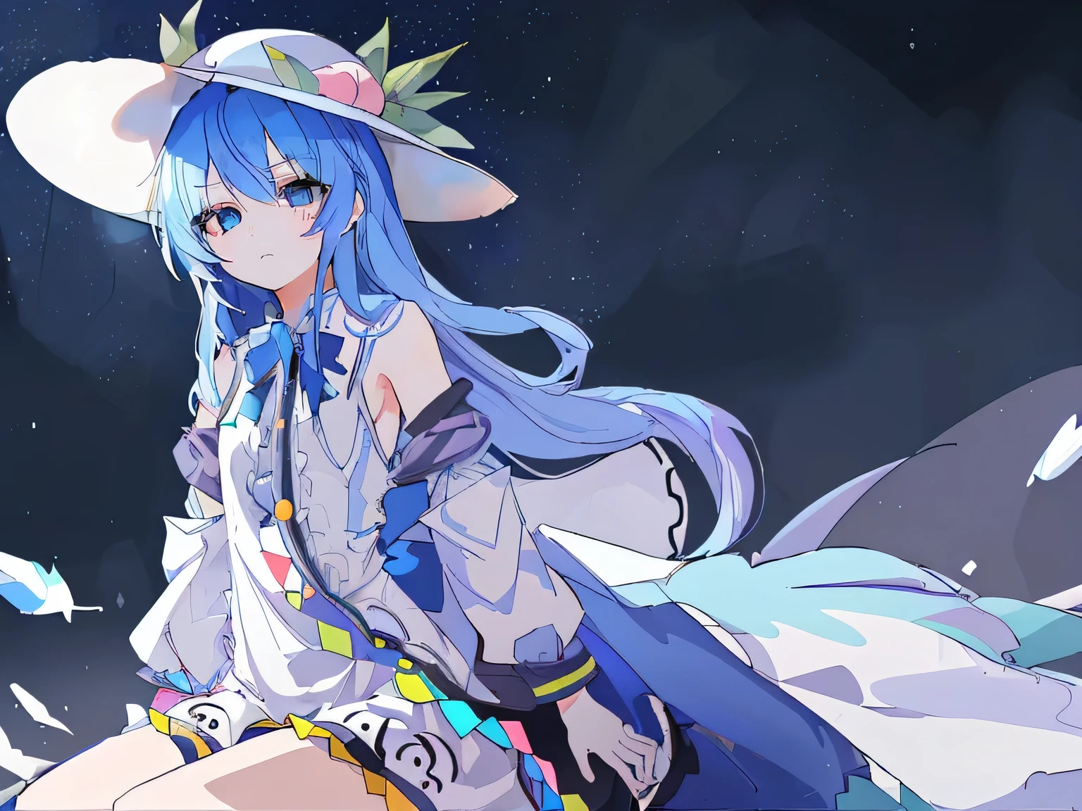 (masterpiece),best quality, expressive eyes, perfect face, 1girl,
 hands on waist,beautiful, gorgeous,anime,girl,lora,hinanawi tenshi, blue hair, blue haired, floating clothes,waist grab, grabbing waist, mains sur les hanches , hands on hips,flat chest