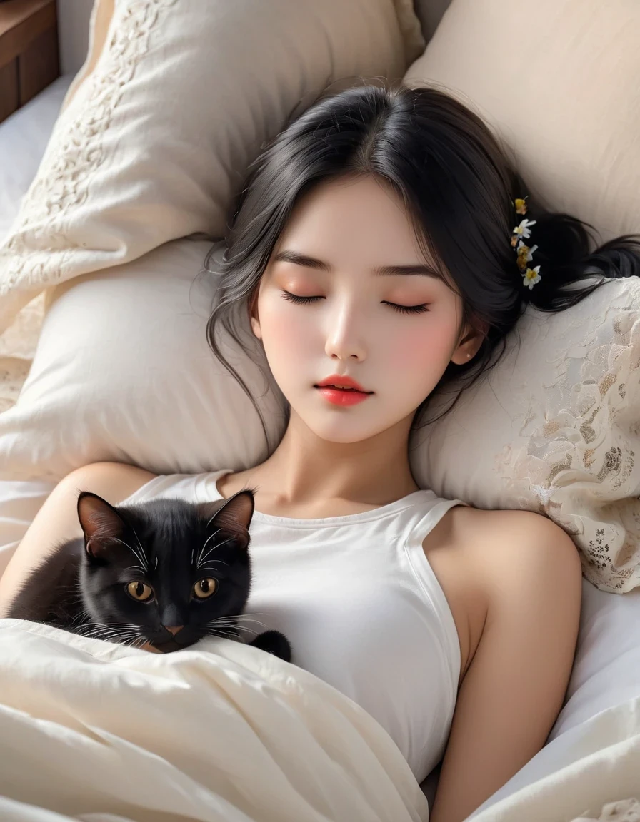 (best quality,4K,8K,HD,masterpiece:1.2),super detailed,actual:1.37,illustration,Inspiration for Studio Ghibli,Bed play,(girl,black hair,Lazily nuzzling a lazy cat with closed eyes in the morning),Lazy,charming,delicate eyes,(Highlighting the Expression of the girl's Fleshy Meticulous Little Lips),they hesitate,try to sleep,the essence of spring,butterflies flying spring flowers, spring tree, spring flowers, bright colors, warm sunlight, soft light, cozy atmosphere, energetic, young.