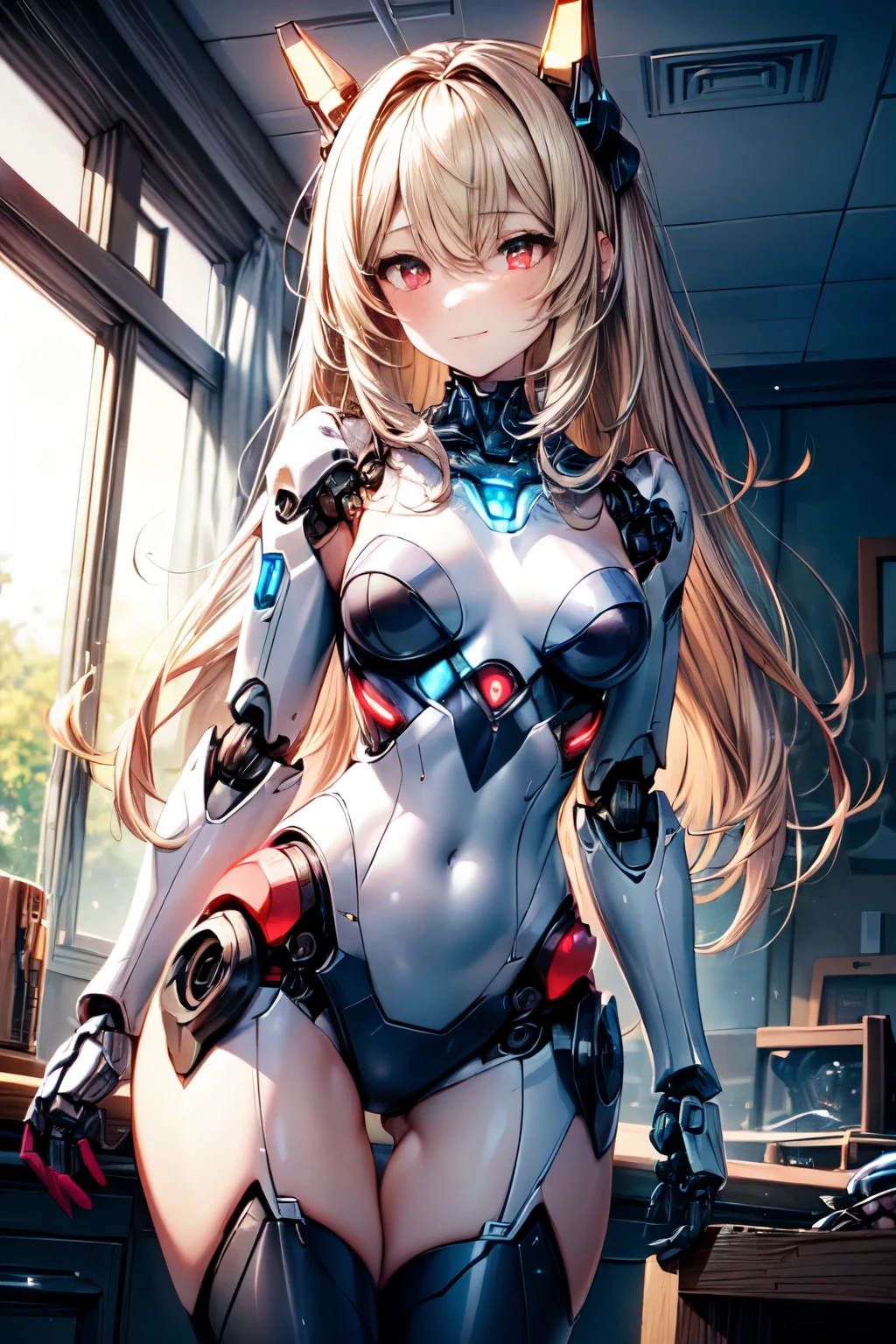 an extremely delicate,
(beautiful robot 1girl:1.4),
break,
8k,
best quality,
masterpiece,
ultra hires,
ultra detailed,
super fine illustration,
break,
dynamic pose, active pose,
dynamic angle,
indoors,
shiny,

rim lighting,
Cinematic Lighting,

break,

(solo:1.2),

college age,
perfect female body,











break,
shiny blonde hair,
long hair,
big hair,
fluffy hair,
air bangs,
long bangs between eyes,
boyish face,
smile,
(red eyes:1.2), (glowing cyborg eyes:1.2),








(constricted pupils:1.3),
bare thighs,
bare shoulders,
doll joints,
small breasts,
break,
white body,

(pale blue power button),
(mech ear headgear),